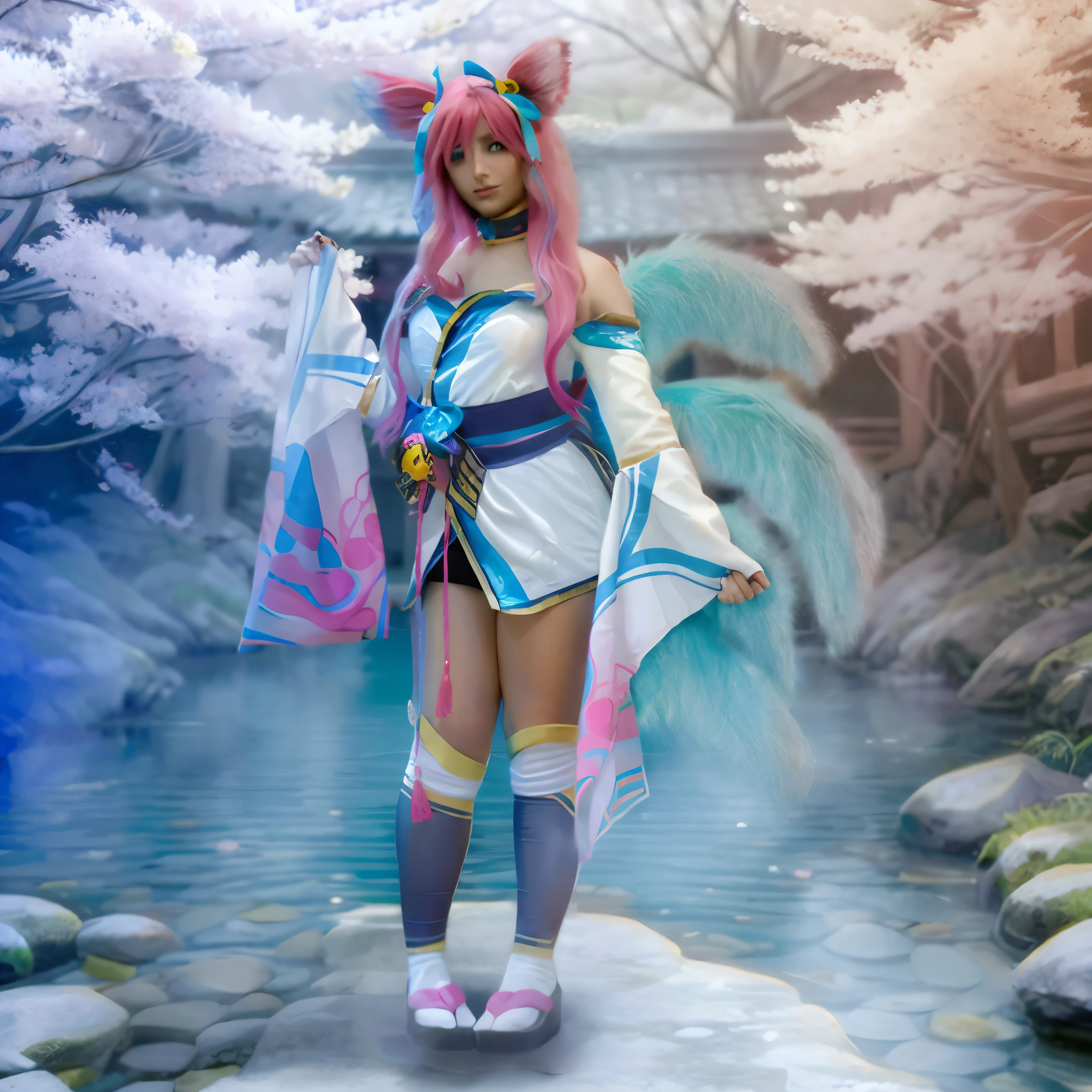 il y a une femme en costume qui se tient dans l&#39;Eau, renard et buisson, armure inspirée des kitsune, Ahri de League of Legends, animé , kitsune, animé girl , une belle femme kitsune, Ahri, Holo une fille-loup, cheveux roses et yeux cyan,  photo, 