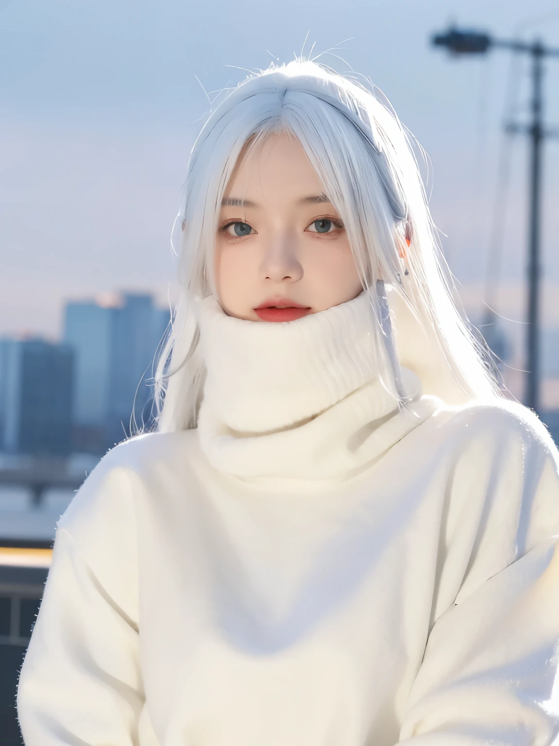 1 girl, (alone), Anime girl with white hair and red eyes, white hair girl, girl in white turtleneck sweater, ((eye mask)), pointed ears, ((vampire)), giggle, smug, Keep your mouth shut, cowboy shooting, perfect white haired girl, White-haired God, Digital Cyberpunk Anime Art, turtleneck sweater, lens flare, ((dramatic lighting)), soft red eyes, Very detailed, masterpiece, looking at the audience, city in background, (night)
