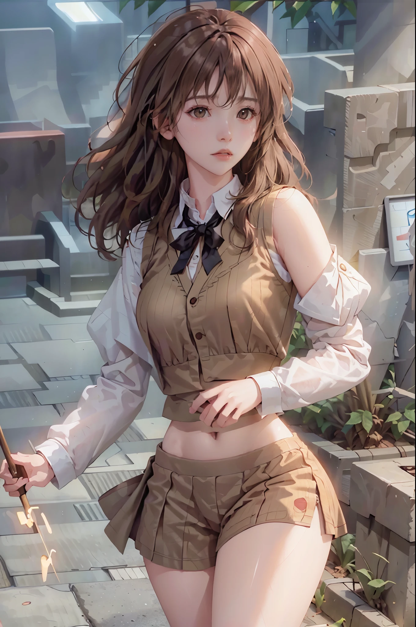 ((Medium chest, tomboyish girls, small head)), sunlight, Sunlight, (chiseled abs : 1.1), (Perfect body : 1.1), (short curly hair : 1.2) , auburn hair, collar, chain, full-body shot, crowded streets, Wearing a black vest, jean jacket, ((Extremely detailed CG 8k wallpaper), (extremely delicate and beautiful), (masterpiece), (best quality:1.0), (ultra high resolution:1.0),  beautiful lights ,perfect lightning, Realistic shadows, [high resolution], Delicate skin, Super detailed