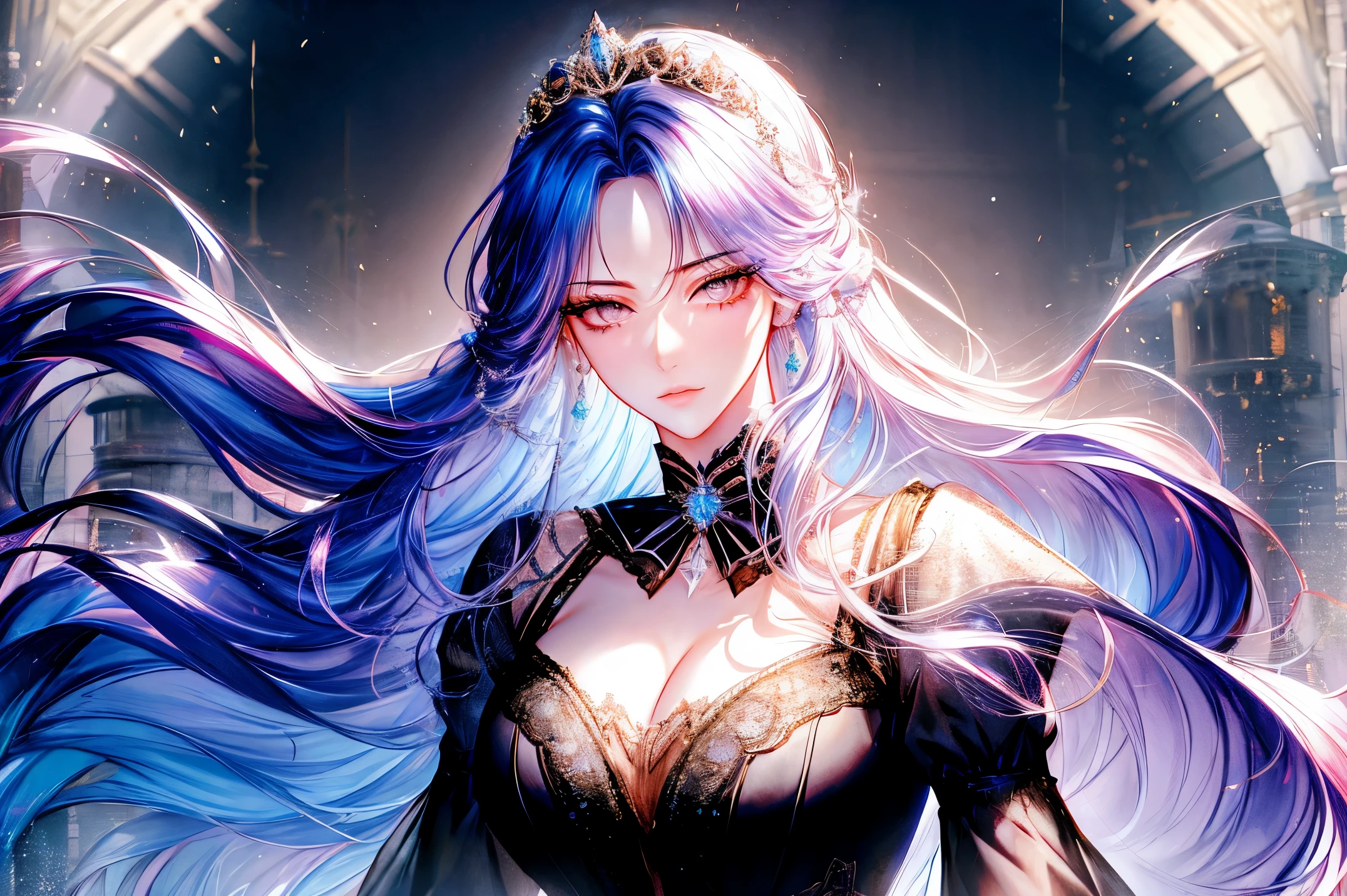 shoujo-style, (romance manhwa), 1girl, cyan hair, solo, long hair, frozen, ice, crystalline, dress, tiara, white dress, gloves, long sleeves, choker, black eyes, mascara, makeup, elbow gloves, bow, floating hair, bra, jewelry, looking at viewer, collarbone, puffy sleeves, golden accessories, upper body, parted bangs, very long hair, black dress, frills, bangs, closed mouth, outdoors, detailed eyes, dynamic cut,