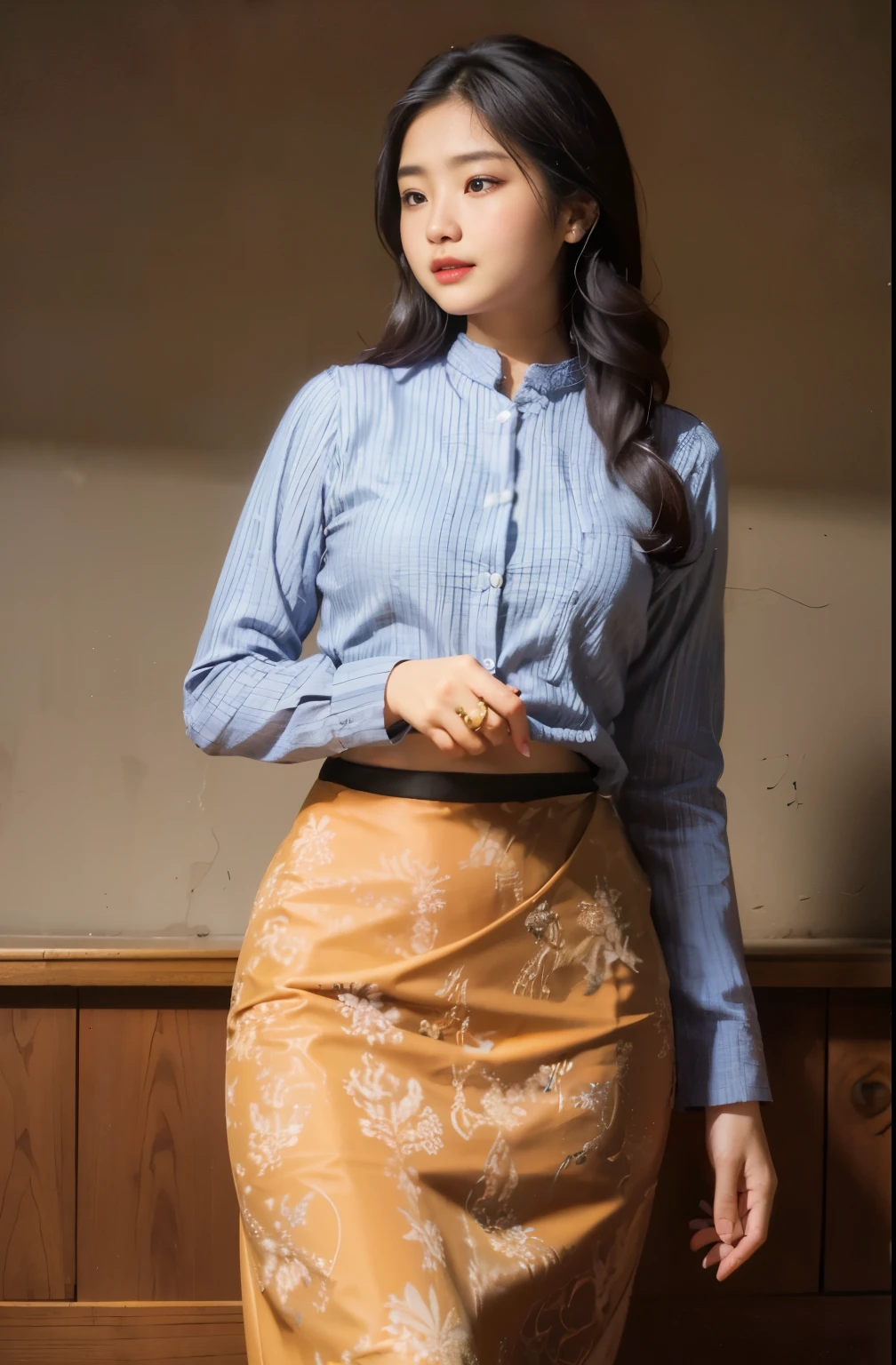(best quality,4k,8k,highres,masterpiece:1.2),ultra-detailed,(realistic,photorealistic,photo-realistic:1.37), perfect lighting, vibrant colors, elegant pose, serene background, 1 girl, pretty round face with thanakhar, lovely lokking straight, cmm top, blue acmm top, long sleeves, wearing acmm long skirt, black acmm long skirt, printed skirt