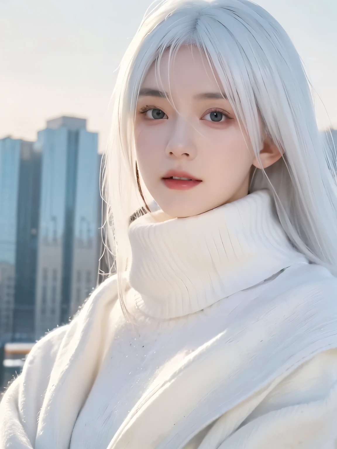 1 girl, (alone), Anime girl with white hair and red eyes, white hair girl, girl in white turtleneck sweater, ((eye mask)), pointed ears, ((vampire)), giggle, smug, Keep your mouth shut, cowboy shooting, perfect white haired girl, White-haired God, Digital Cyberpunk Anime Art, turtleneck sweater, lens flare, ((dramatic lighting)), soft red eyes, Very detailed, masterpiece, looking at the audience, city in background, (night)