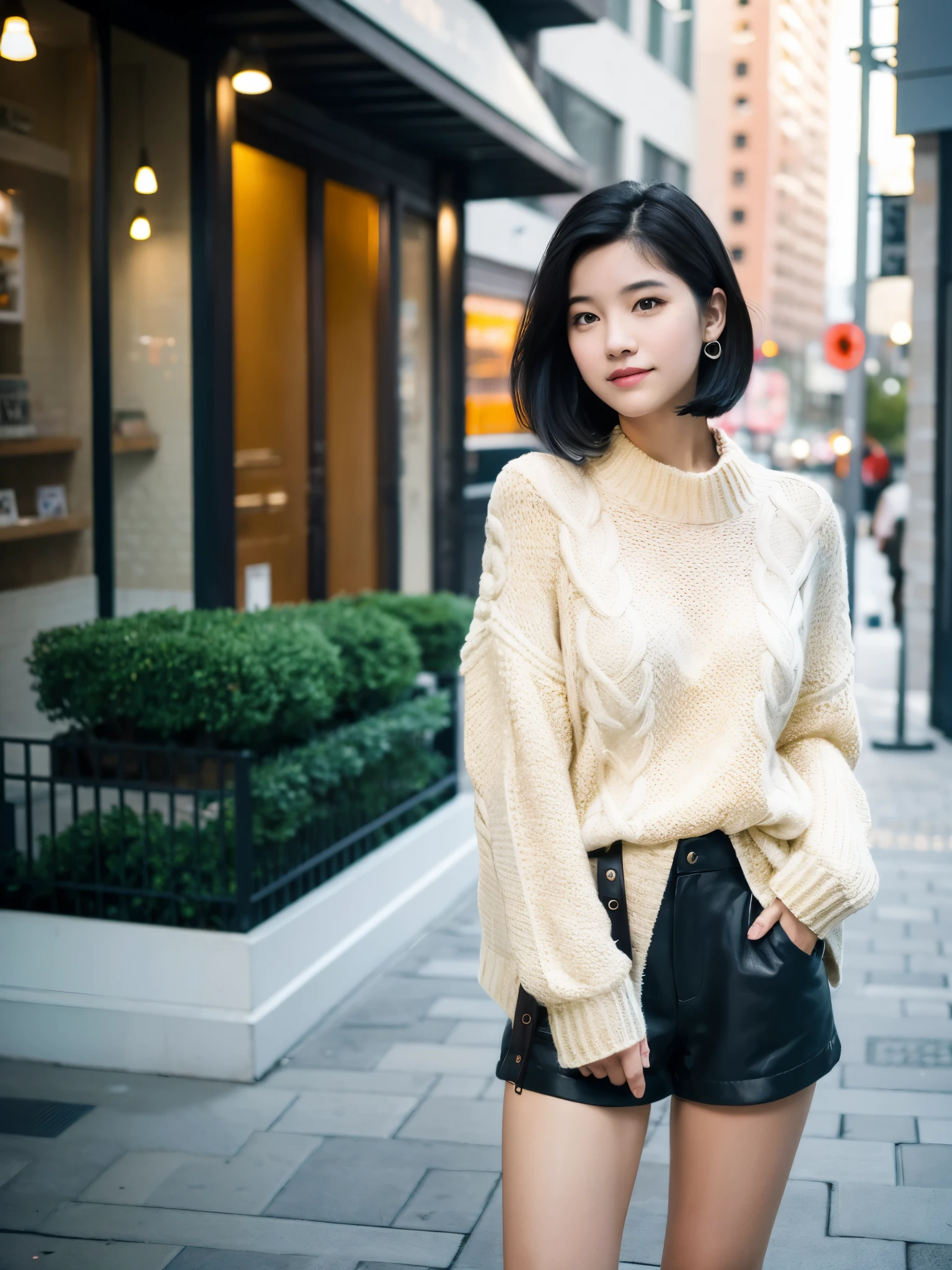 girl in low cut sweater, medium, shorts, frivolous look, Very detailed, Cityscape or college, black hair,