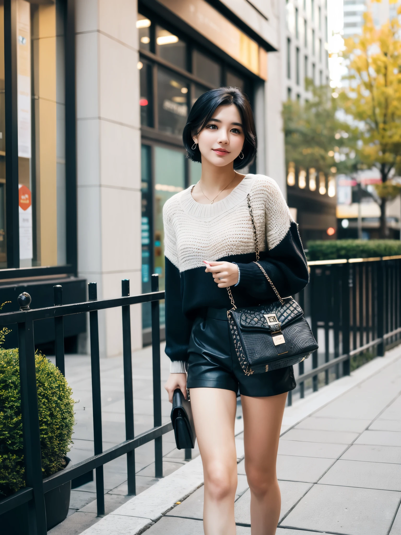 girl in low cut sweater, medium, shorts, frivolous look, Very detailed, Cityscape or college, black hair,