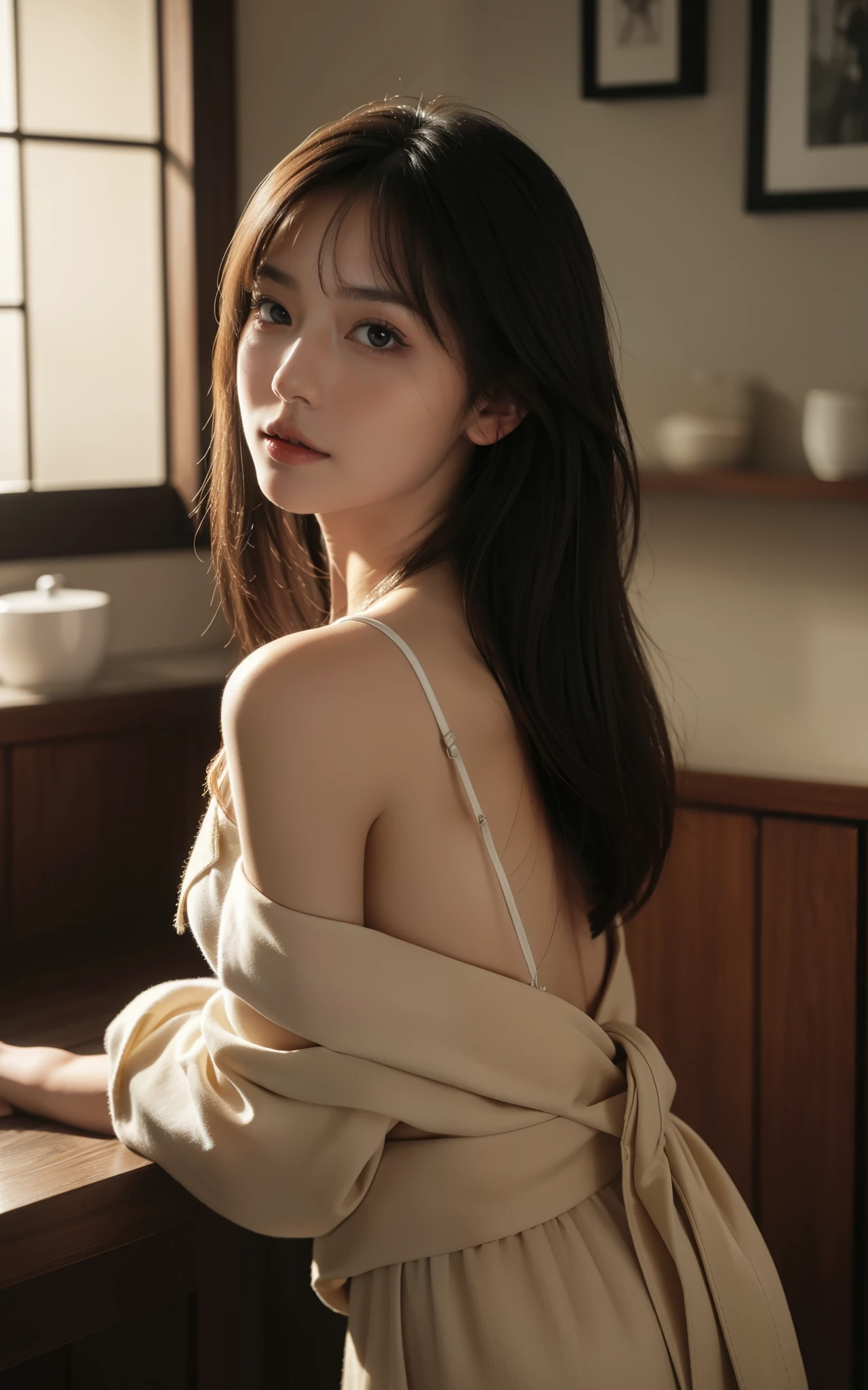 8K、top-quality、masterpiece、超A high resolution、a picture、beautiful japanese female、Elegance、There is a good、Moist beauty、The eyes are far away、Transparent atmosphere、Beautiful face、Raised corners of the mouth、Gradient lighting、1girl in、Delicate skin、Look into the distance、Brown-eyed、breasts are large、(realisitic:1.4)、(top-quality:1.0)、(超A high resolution:1.0)、8K、Raw photography、(pureerosface_v1:0.5), wearing sexy kimono, almost naked,