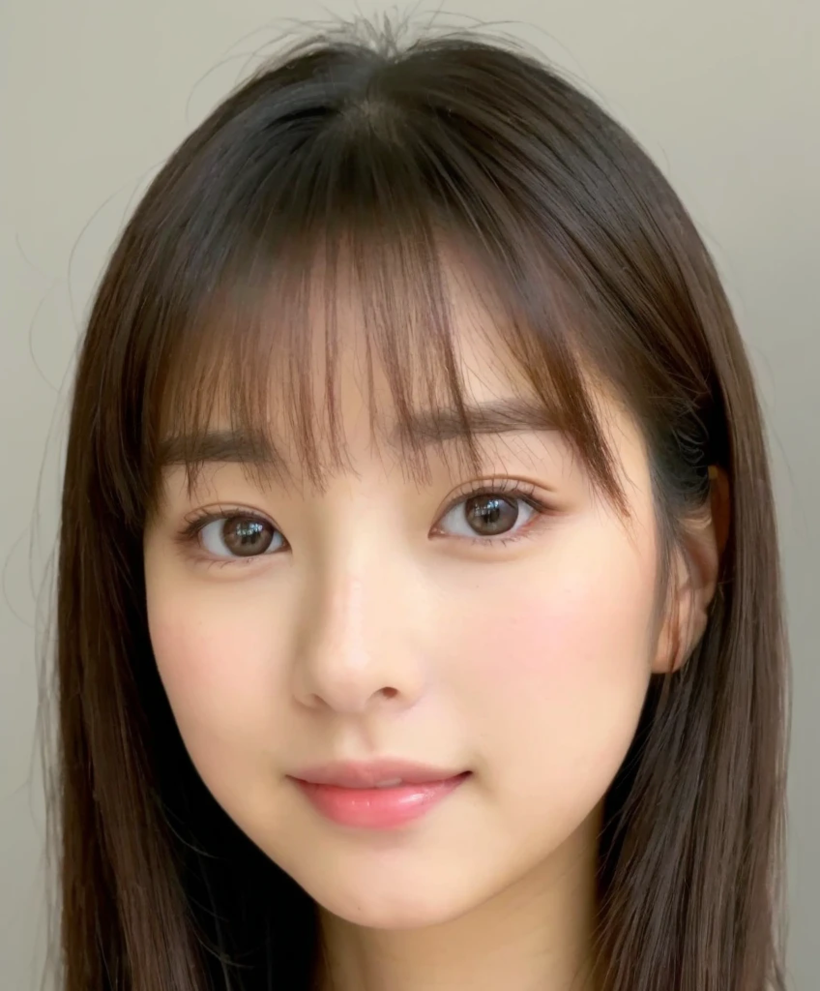 ((cute日本の女の子、beautiful japanese girl、1 girl、clear、19 years old、ponytail、Highly detailed face and skin texture、refinement、super detailed face、highly detailed eyes、Lee Hong、blush、cheek、ピンクのcheekを塗ったcheek、close-up of woman、 from the neck up、 Close to the camera、 positive face、Forward-facing body、look at the camera、front、cute、smooth white skin、Transparent skin texture、))、(dark brown hair、bangs)、beautiful woman with perfect style：1.4、japanese model、young gravure idol、若いcuteグラビアアイドル、Realistic young gravure idol、refinementされたグラビアアイドル、((highest quality、8K、masterpiece:1.3、１photograph))、(4K、RAWphotograph、highest quality)、(realistic、フォトrealistic:1.37)、Place someone on the other side of the screen、Natural light、
