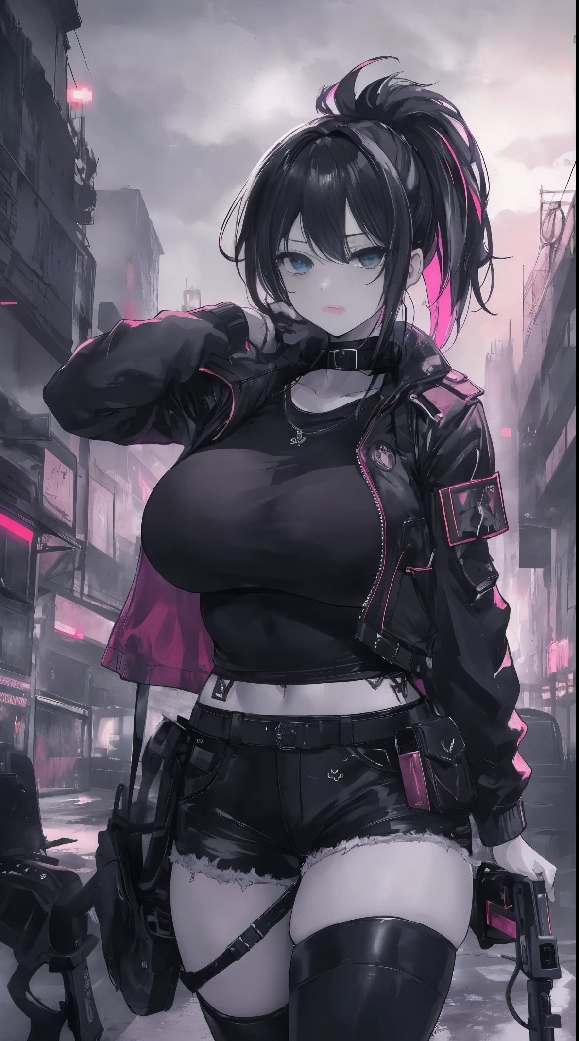 A girl with a bra and a jacket, she has big boobs and is wearing short pants. She carries a bag and holds a gun. The scene is set in a toxic, death city.
Additional Details: The girl has long brown ponytails hair, bright blue eyes, and a defiant expression on her face. Her bra and jacket are made of black leather, giving her a tough and rebellious look. The big boobs add to her confident and bold silhouette. She wears tight-fitting denim short pants, complementing her edgy style. The bag she carries is a messenger bag, worn across her body, and it's filled with various gadgets and tools. The gun she holds is a sleek and futuristic-looking weapon, reflecting the dangerous and dystopian nature of the city.
Image Quality: (best quality, 4k, 8k, highres, masterpiece:1.2), ultra-detailed, (realistic, photorealistic, photo-realistic:1.37), HDR, UHD, studio lighting, ultra-fine painting, sharp focus, physically-based rendering, extreme detail description, professional, vivid colors, bokeh.
Art Style: Dark and gritty, cyberpunk, with a touch of neon lights. The cityscape is filled with tall, decaying buildings, flickering hologram advertisements, and toxic smoke rising from industrial chimneys. The overall atmosphere is moody, reflecting the girl's rebellious nature and the dangers of the city she resides in.
Color Palette: Dark and desaturated tones combined with vibrant neon hues. The cityscape consists of shades of gray, black, and deep blues, contrasted with pops of intense neon colors like vibrant pinks, purples, and electric blues.
Lighting: The scene is illuminated by the glow of neon lights, creating dramatic shadows and contrasts. The lighting emphasizes the decay and chaos of the city, with flickering lights casting eerie glows on the girl and her surroundings.
Remember to remove the explanations and present the prompt without any prefixes. Feel free to add or modify details and keywords to make the prompt more engaging and suitable for Stable Diffusion.