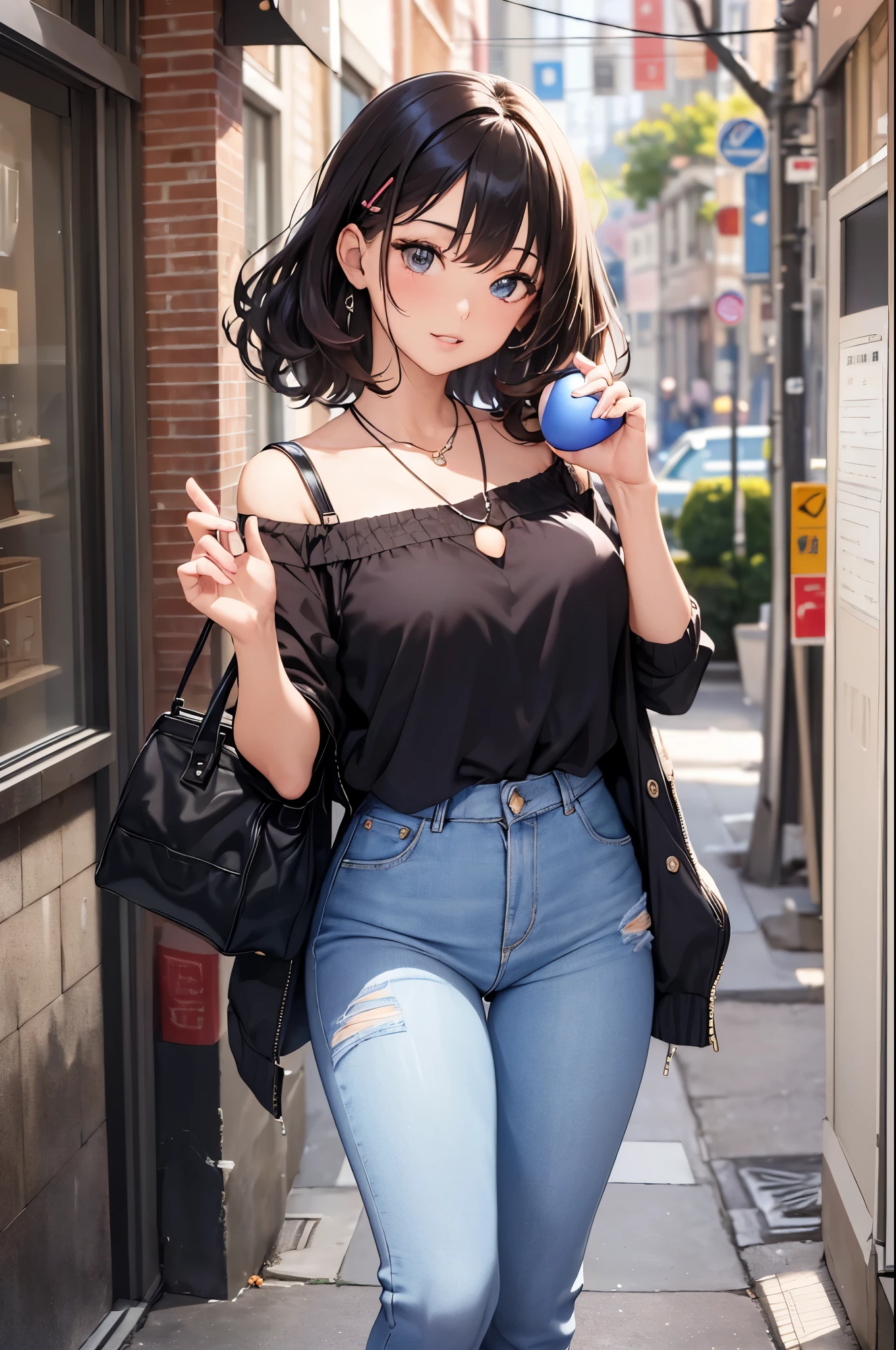 (masterpiece), (portrait), (aesthetic), (beautiful), (Bleeding), (high quality), (aesthetic clothings), (Professional perspective), (Third Yamini Rule), (Miss), (woman), (beautiful),(woman特征), (25 years), alone, 1 Miss, (attractive portuguese), autumn, Warm light, (walk), natural makeup, (medium bust), ((Holding the egg tart)), (Front face), (friendly expression), ((Warm, inviatement necklace, ((medium hair)), (brown hair), (curls), (thick hair), Naturally shiny hair, (Hairpins on hair), (brown eyes), (casual, Chic look), (olive skin), (vibrant clothing), (women's shirts), (jeans), (sandals), Off-the-shoulder neckline), (( background)), (- in background), (panoramicshooting), beautiful hands, two hands, normal hand, two hands臂, complete hands, beautiful body, beautiful fingers, normal hand指, five fingers, five fingers, (大拇指食指中环小指beautiful耳朵, normal ear, beautiful eyes, shining eyes, beautiful mouth, beautiful lips,