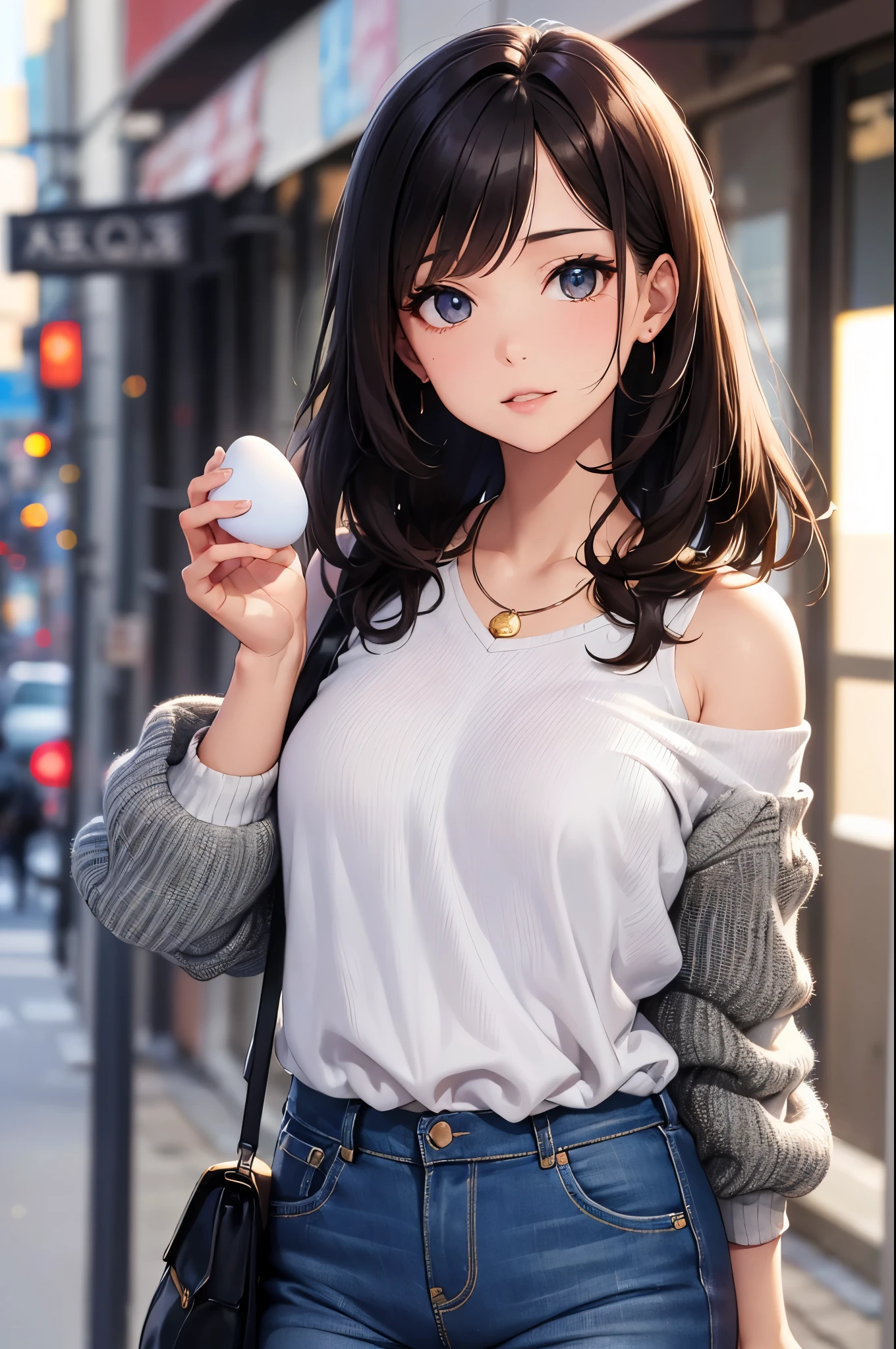 (masterpiece), (portrait), (aesthetic), (beautiful), (Bleeding), (high quality), (aesthetic clothings), (Professional perspective), (Third Yamini Rule), (Miss), (woman), (beautiful),(woman特征), (25 years), alone, 1 Miss, (attractive portuguese), autumn, Warm light, (walk), natural makeup, (medium bust), ((Holding the egg tart)), (Front face), (friendly expression), ((Warm, inviatement necklace, ((medium hair)), (brown hair), (curls), (thick hair), Naturally shiny hair, (Hairpins on hair), (brown eyes), (casual, Chic look), (olive skin), (vibrant clothing), (women's shirts), (jeans), (sandals), Off-the-shoulder neckline), (( background)), (- in background), (panoramicshooting), beautiful hands, two hands, normal hand, two hands臂, complete hands, beautiful body, beautiful fingers, normal hand指, five fingers, five fingers, (大拇指食指中环小指beautiful耳朵, normal ear, beautiful eyes, shining eyes, beautiful mouth, beautiful lips,