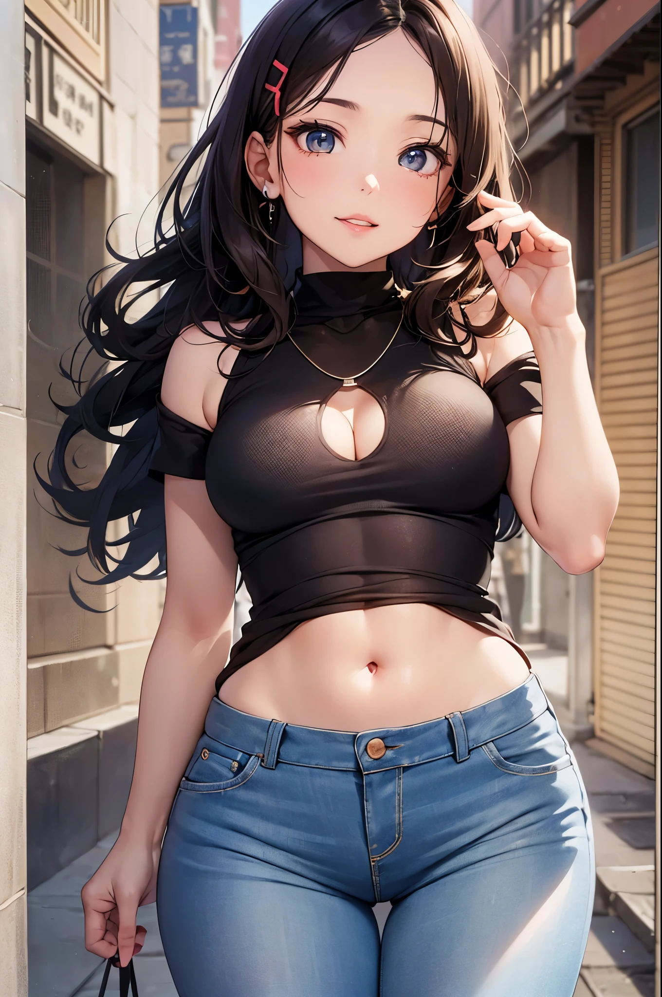 (masterpiece), (portrait), (aesthetic), (beautiful), (Bleeding), (high quality), (aesthetic clothings), (Professional perspective), (Third Yamini Rule), (Miss), (woman), (beautiful),(woman特征), (25 years), alone, 1 Miss, (attractive portuguese), autumn, Warm light, (walk), natural makeup, (medium bust), ((Holding the egg tart)), (Front face), (friendly expression), ((Warm, inviatement necklace, ((medium hair)), (brown hair), (curls), (thick hair), Naturally shiny hair, (Hairpins on hair), (brown eyes), (casual, Chic look), (olive skin), (vibrant clothing), (women's shirts), (jeans), (sandals), Off-the-shoulder neckline), (( background)), (- in background), (panoramicshooting), beautiful hands, two hands, normal hand, two hands臂, complete hands, beautiful body, beautiful fingers, normal hand指, five fingers, five fingers, (大拇指食指中环小指beautiful耳朵, normal ear, beautiful eyes, shining eyes, beautiful mouth, beautiful lips,