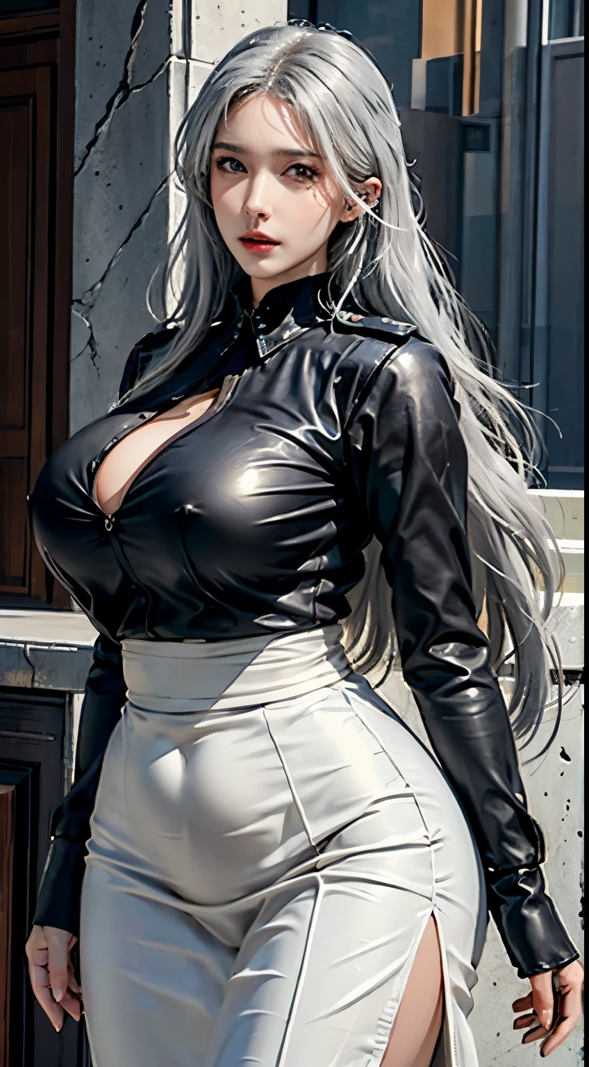 photorealistic, high resolution, soft lights, 1women, solo, hips up, shining skin, (detailed face), long hair, tattoo, jewelry, police uniform, massive boobs, massive ass, hourglass figure, hot, sexy