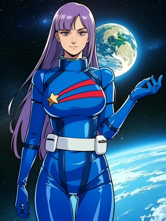 ((masterpiece,cg,best quality,highres)), good anatomy,extremely delicate and beautiful,(semi-realistic:1.5),detailed eyes,perfect face,beautiful face,1girl,solo,louka,blue pilot suit, long hair, purple hair, latex suit, white belt,star mark, light smile, facing viewer,,standing beside window, sexy, alluring, cowboy shot, curvy hips, inside spacecraft,galaxy,planet,glass,