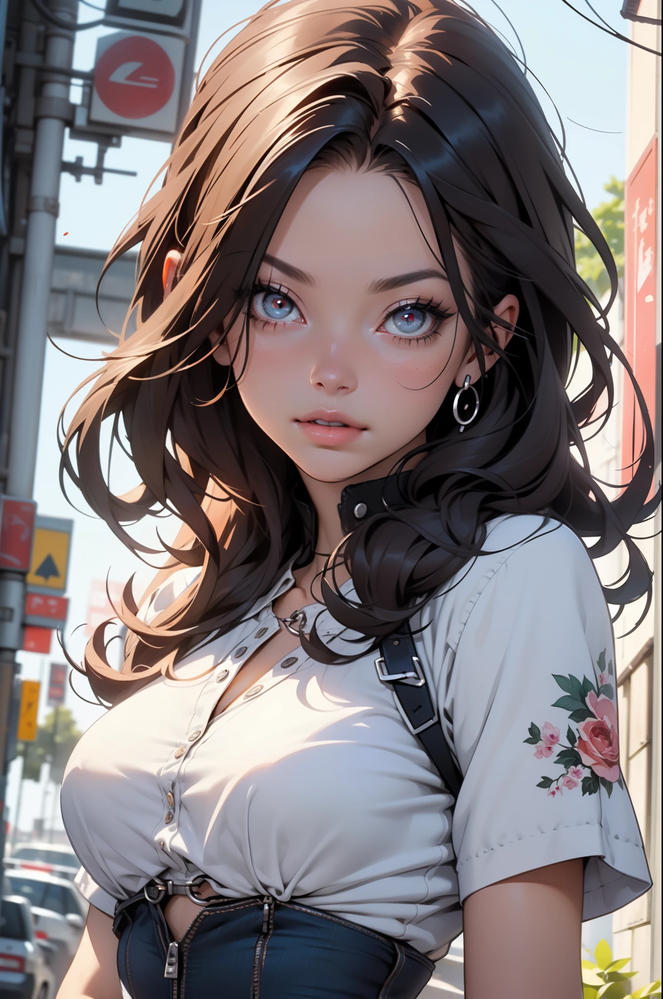 Bottom Section, misto language_text, Japanese graffiti letters, beautiful woman , Best quality for long black hair)), ((masterpiece)), (Very detailed:1.3)(masterpiece:1.2, better quality), (Delicate and beautiful eyes: 1.2), (masterpiece:1.2, better quality), (Delicate and beautiful eyes: 1.2), ::Style Joe Madurela Comic Style ::2.9 (masterpiece:1.2, best quality), (Delicate and beautiful eyes: 1.2), ((1girl Kelly Brook’s very beautiful breasts )), ((alone)), (red eyes:1.4), (Detailed eyes and detailed face:1.3),), (Wear with jeans and a white T-shirt or dress:1.3), (Bottom Section bonito e claro:1.2), (Very detailed的cg, Super detailed, best shade:1.1), ((depth of field)), ((watercolor)), plump, shoulder, flowers and petals, Beautiful concept map , (Bottom Section branco:0.5), (illustration :1.1), (extremely exquisite:1.1), (perfect details: 1.1), masterpiece, high quality, high resolution, Detail enhancement, 8k, HD, masterpiece, better quality, high quality, high resolution, Detail enhancement