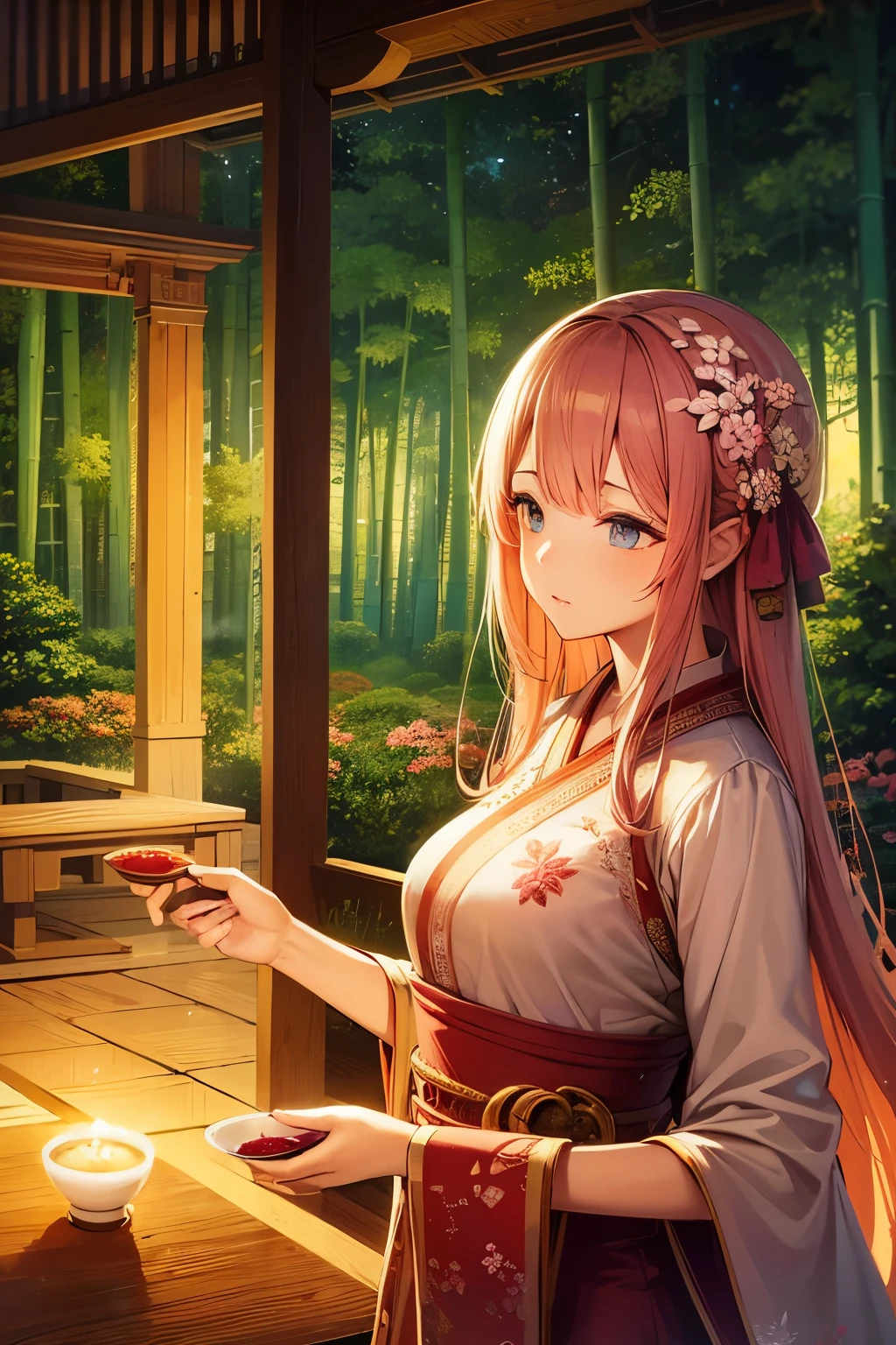 beautiful detailed eyes, traditional costume, serene garden, cherry blossom, flowing robes, graceful pose, bamboo forest, delicate embroidery, tea ceremony, ancient architecture, soft lighting, vibrant colors, dreamlike atmosphere, intricate details.