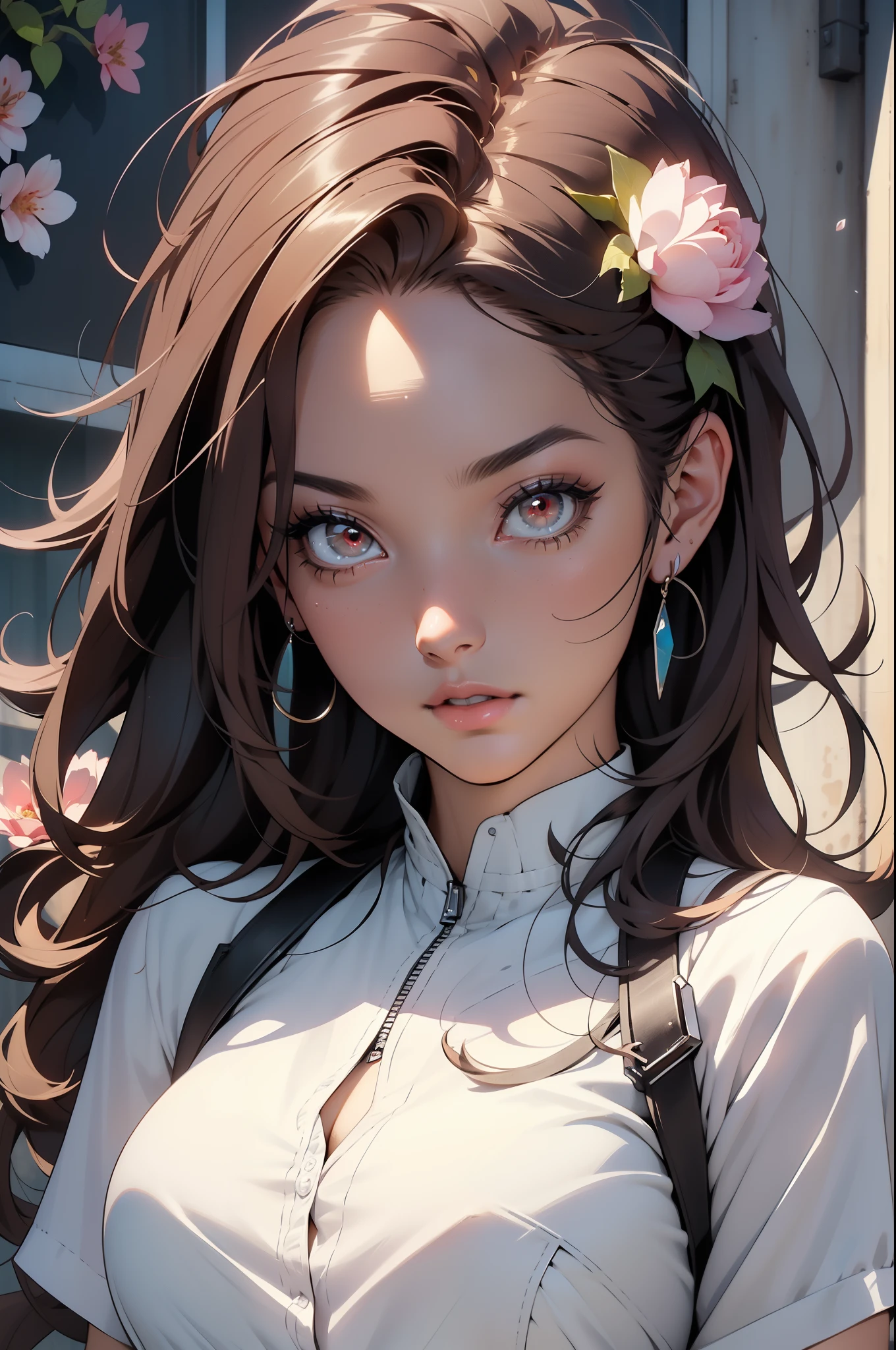 Bottom Section, misto language_text, Japanese graffiti letters, beautiful woman , Best quality for long black hair)), ((masterpiece)), (Very detailed:1.3)(masterpiece:1.2, better quality), (Delicate and beautiful eyes: 1.2), (masterpiece:1.2, better quality), (Delicate and beautiful eyes: 1.2), ::Style Joe Madurela Comic Style ::2.9 (masterpiece:1.2, best quality), (Delicate and beautiful eyes: 1.2), ((1girl Kelly Brook’s very beautiful breasts )), ((alone)), (red eyes:1.4), (Detailed eyes and detailed face:1.3),), (Wear with jeans and a white T-shirt or dress:1.3), (Bottom Section bonito e claro:1.2), (Very detailed的cg, Super detailed, best shade:1.1), ((depth of field)), ((watercolor)), plump, shoulder, flowers and petals, Beautiful concept map , (Bottom Section branco:0.5), (illustration :1.1), (extremely exquisite:1.1), (perfect details: 1.1), masterpiece, high quality, high resolution, Detail enhancement, 8k, HD, masterpiece, better quality, high quality, high resolution, Detail enhancement