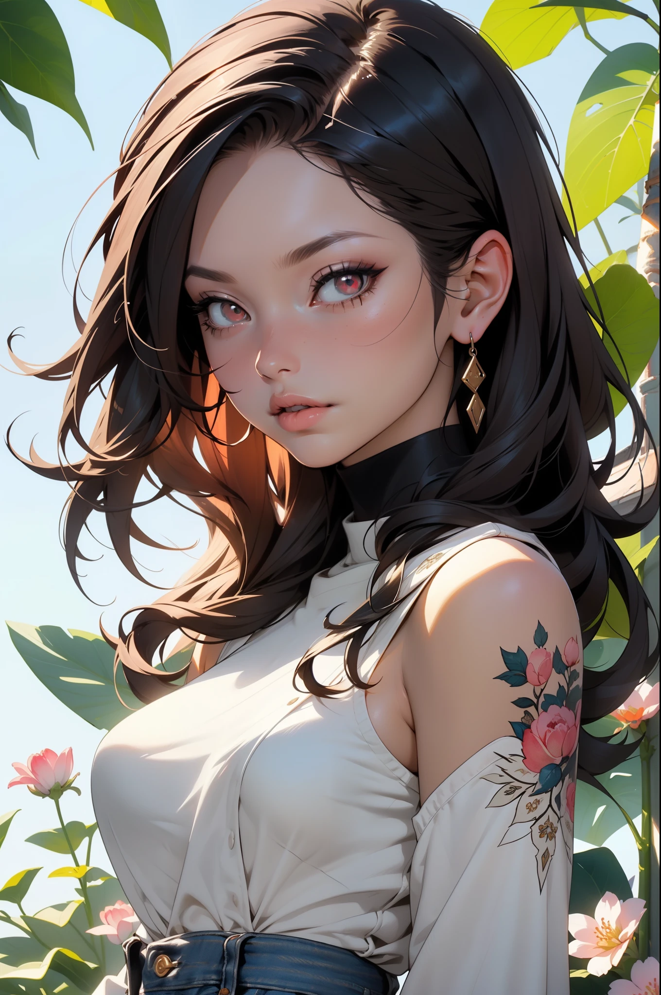 Bottom Section, misto language_text, Japanese graffiti letters, beautiful woman , Best quality for long black hair)), ((masterpiece)), (Very detailed:1.3)(masterpiece:1.2, better quality), (Delicate and beautiful eyes: 1.2), (masterpiece:1.2, better quality), (Delicate and beautiful eyes: 1.2), ::Style Joe Madurela Comic Style ::2.9 (masterpiece:1.2, best quality), (Delicate and beautiful eyes: 1.2), ((1girl Kelly Brook’s very beautiful breasts )), ((alone)), (red eyes:1.4), (Detailed eyes and detailed face:1.3),), (Wear with jeans and a white T-shirt or dress:1.3), (Bottom Section bonito e claro:1.2), (Very detailed的cg, Super detailed, best shade:1.1), ((depth of field)), ((watercolor)), plump, shoulder, flowers and petals, Beautiful concept map , (Bottom Section branco:0.5), (illustration :1.1), (extremely exquisite:1.1), (perfect details: 1.1), masterpiece, high quality, high resolution, Detail enhancement, 8k, HD, masterpiece, better quality, high quality, high resolution, Detail enhancement