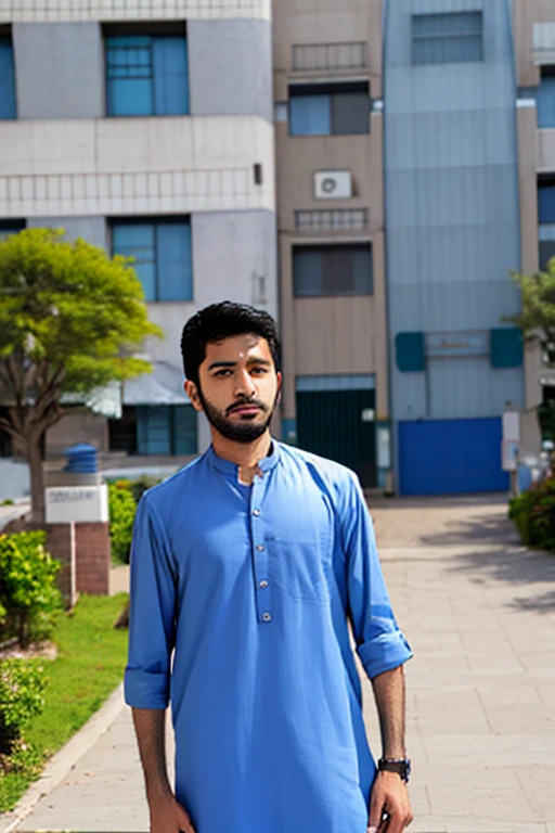 arafed man in blue shirt standing in front of a building, at college, very clear picture, khyzyl saleem, very very low quality picture, by Riza Abbasi, kyza saleem, taken with the best dlsr camera, full body photogenic shot, photo taken with canon 5d, taken with sony alpha 9, mid shot portrait