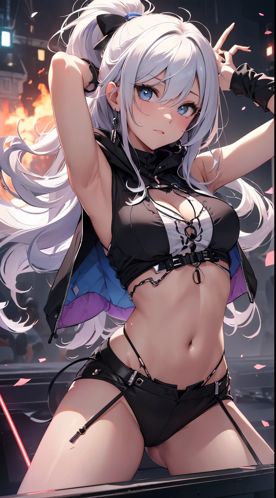 quality、Image Quality、Masterpiece、girl with((18 years old、tattered clothelack vest、Black short-sleeved hoodie、White plate bust、Bust 85、silver hair、messy ponytail、blue eyes、open your mind、happiness、sweating、Chain accessories Reak dance))高quality、visual art、background with((live performance、knight、burning show、Laser pointer))、on the table