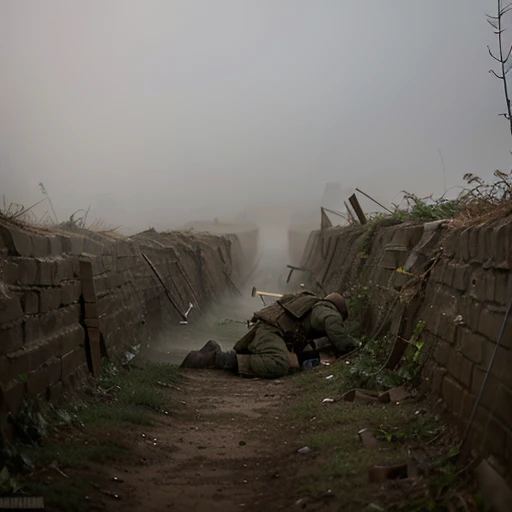 Alive and Dead soldier fighting fierce battle in the trenches, explicit, gore, horrifying, grotesque, early morning, fog, foggy 