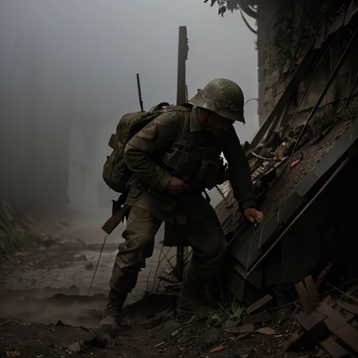 Alive and Dead soldier fighting fierce battle in the trenches, explicit, gore, horrifying, grotesque, early morning, fog, foggy