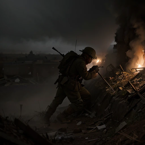 Alive and Dead soldier fighting fierce battle in the trenches, explicit, gore, horrifying, grotesque, early morning, fog, foggy 