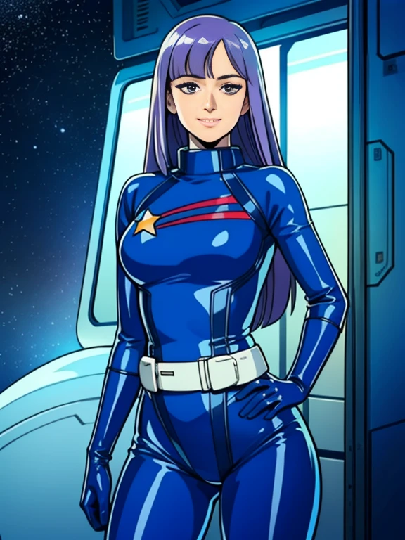 ((masterpiece,cg,best quality,highres)), good anatomy,extremely delicate and beautiful,(semi-realistic:1.5),detailed eyes,perfect face,beautiful face,1girl,solo,louka,blue pilot suit, long hair, purple hair, latex suit, white belt,star mark, light smile, facing viewer,,standing beside window, sexy, alluring, cowboy shot, curvy hips, inside spacecraft,galaxy,planet,glass,