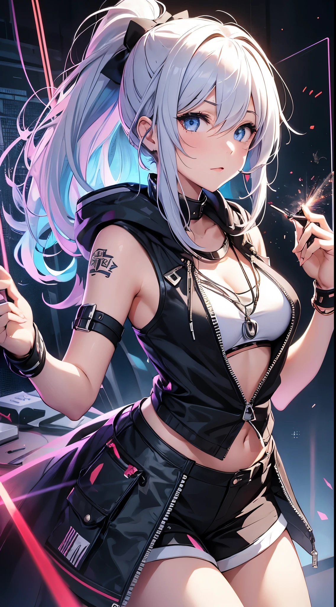 最high qualiy、best quality image、work of art、Kizi((18-years old、 Becoming、Better bust、medium bust,wide open breast tea、eerie glowing red eyes,silver hair、disheveled hair、long hair、fine tune,The highest valley、Open chest、Luminous bracelets、ha、hair ornamen、luminous necklace、Black sleeveless sweatshirt(1:2)、blue short skirt、Disheveled clofine tuneg、Show your whole body,Low - Angle、hacker type、perspiring、To attract、Cute black mask、Leaning against a wall、black scarf、Have a smartphone、rear view、Accentuate your ass、standing on all fours)),high qualiy、linda arte、fund((neon lig、Interior from neon to black))、Voo、flying debris、Written limit depth、film、visual arts、Perfect artwork、8K,genuine,