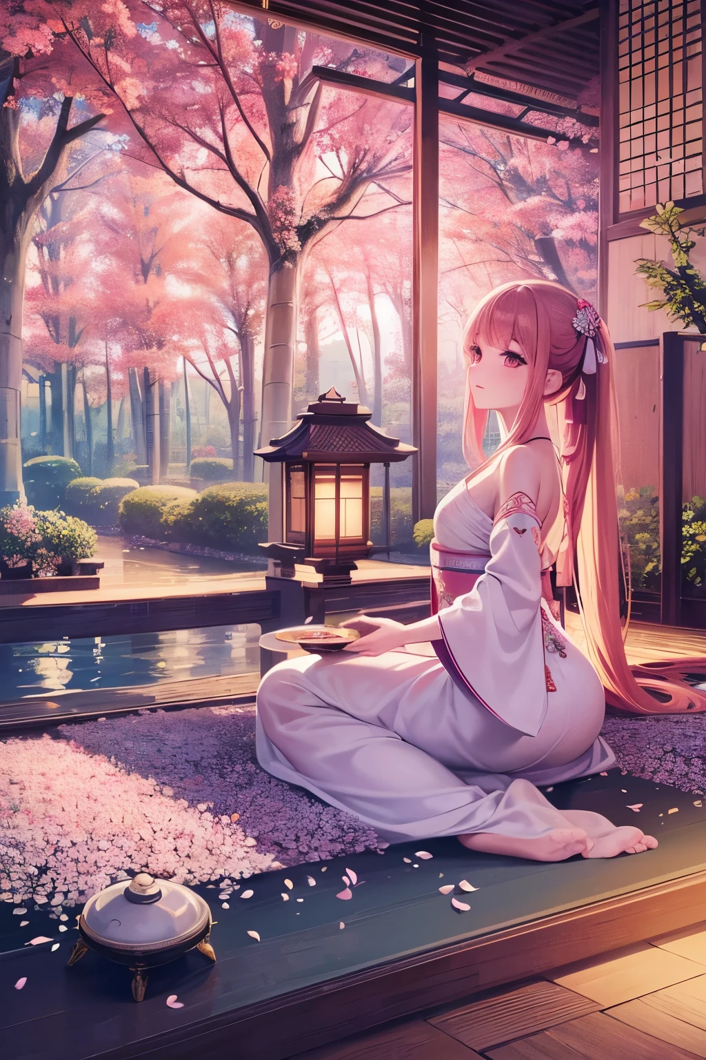 beautiful detailed eyes, traditional costume, serene garden, cherry blossom, flowing robes, graceful pose, bamboo forest, delicate embroidery, tea ceremony, ancient architecture, soft lighting, vibrant colors, dreamlike atmosphere, intricate details.