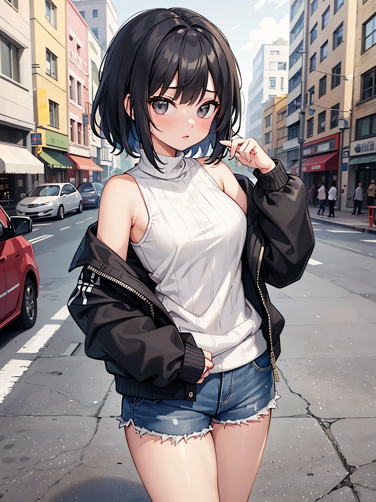 girl in low cut sweater, medium, shorts, frivolous look, Very detailed, Cityscape or college, black hair,