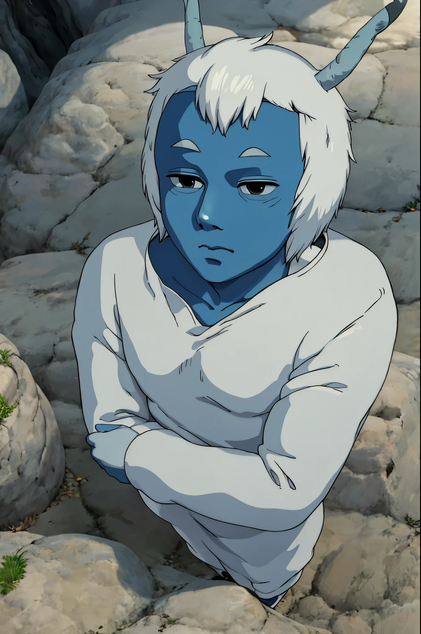ghibli style fullbody fullframe  young male andorian
blue skin
white hair
antennae
white eyebrows