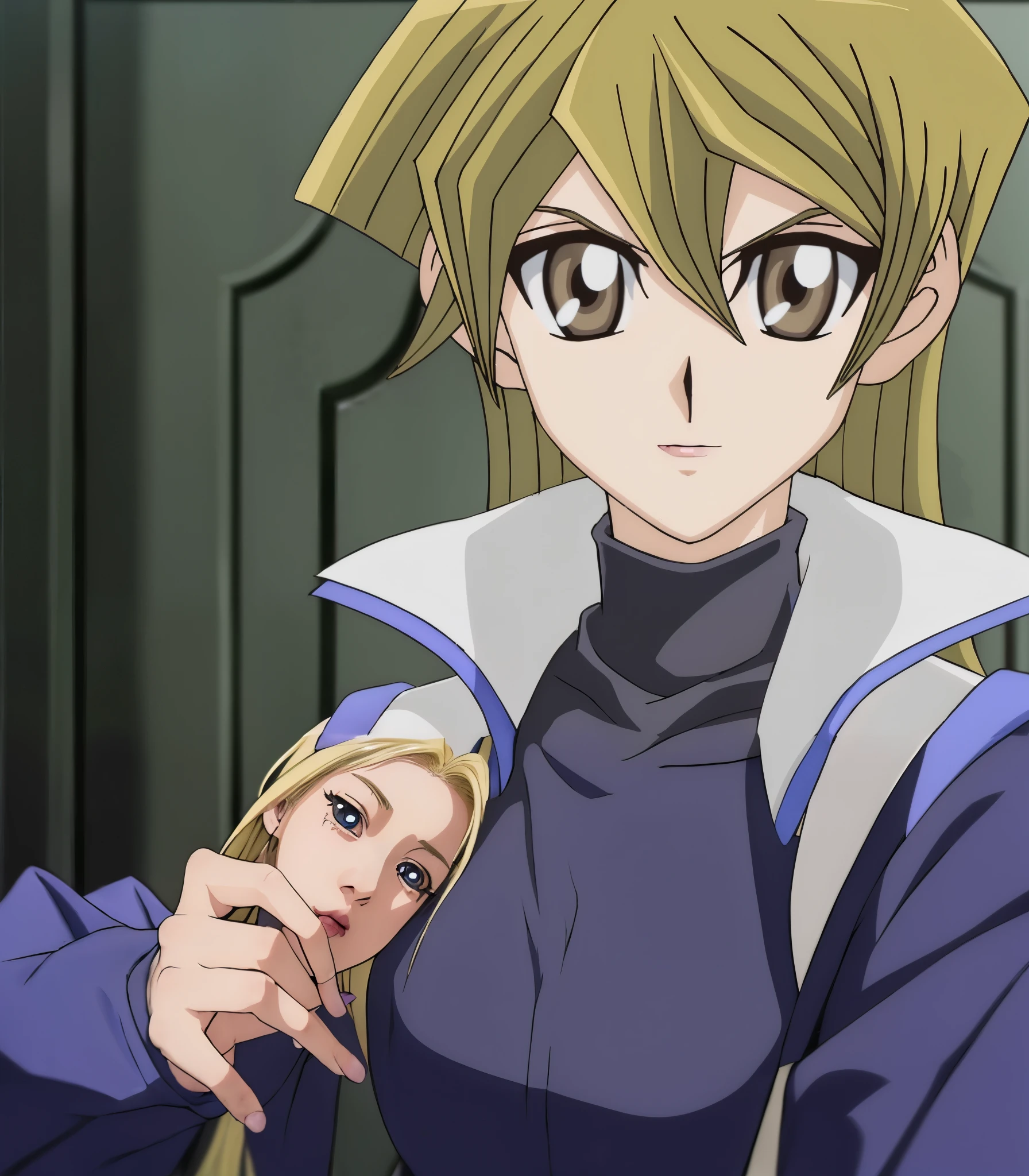 Anime character with blonde hair and blue eyes in the room, Yujiu Style, Yujiu Art Style, anime girl named lucy, Inspired by Sakai Huetsu, Yami kawaii, Image of zodiac girl knights, U-no, As an anime character, female anime character, Inspired by Matsumura Joshun, A rogue smile