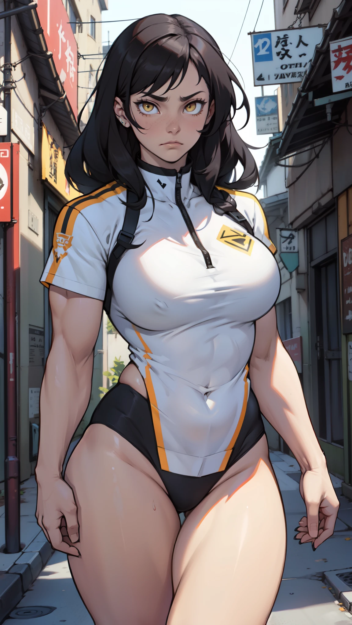 muscular girl large breast thick thighs black hair yellow eyes pale sad toned body