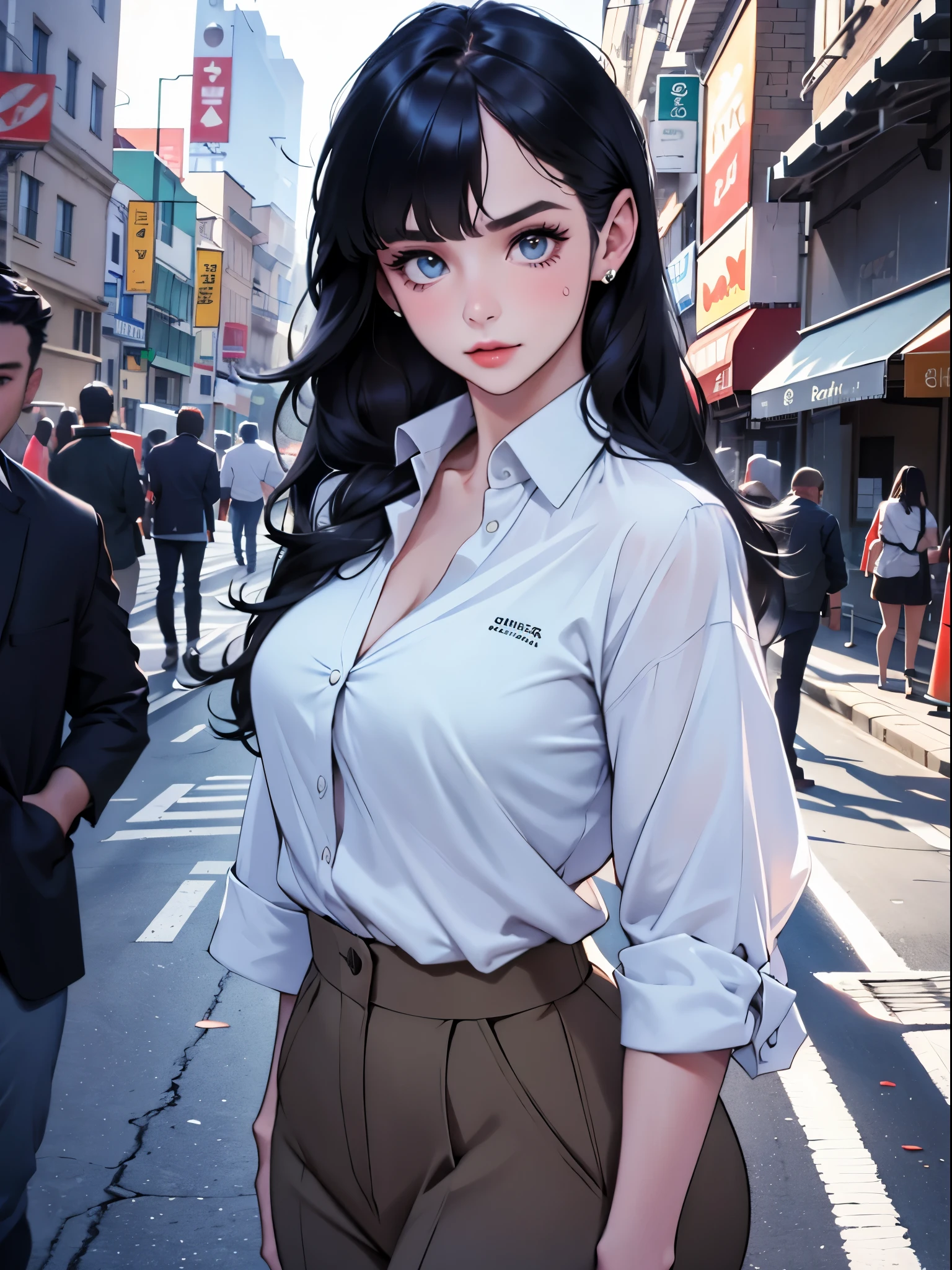(Masterpiece:1.4),(Best quality:1.4),超高分辨率,((Detailed facial features)),hdr,8K resolution,1girll,Blue sky,Webby mouth / :3,(Shiny),Sadako,street,shirt,earring,short jeans pants,Large breasts, Wet skin,Shiny skin,, ,Socks above the thigh,view the viewer,skin tight,solofocus,Naughty face,
