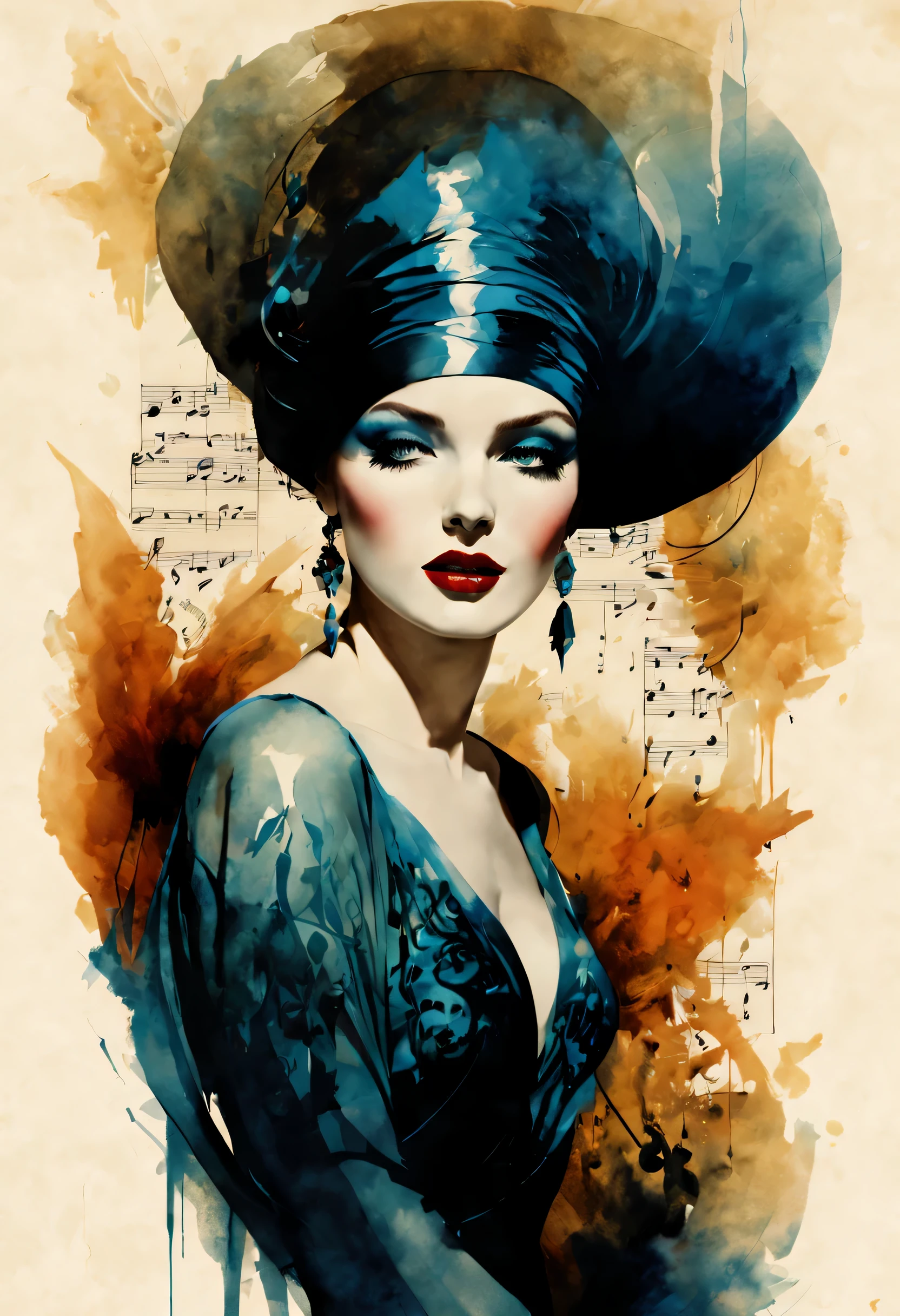 Music notes, Very beautiful, gouache wash, cinematic, calligraphic lines. Rolf Armstrong, Darkness, eerie, mysterious, modern vintage, Rich deep colors, boho style, beautiful patterns, vogue style illustration 
