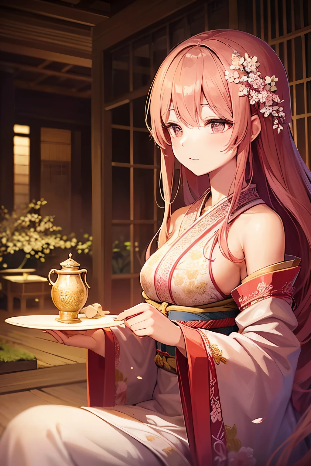 beautiful detailed eyes, traditional costume, serene garden, cherry blossom, flowing robes, graceful pose, bamboo forest, delicate embroidery, tea ceremony, ancient architecture, soft lighting, vibrant colors, dreamlike atmosphere, intricate details. close up