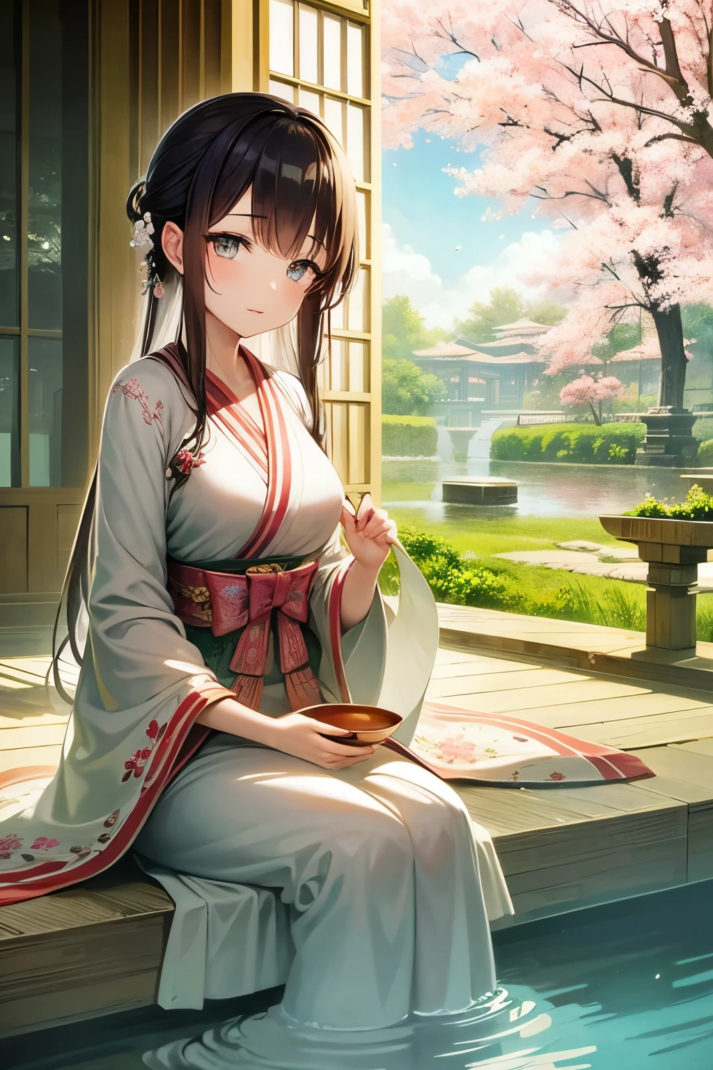 beautiful detailed eyes, traditional costume, serene garden, cherry blossom, flowing robes, graceful pose, bamboo forest, delicate embroidery, tea ceremony, ancient architecture, soft lighting, vibrant colors, dreamlike atmosphere, intricate details. close up