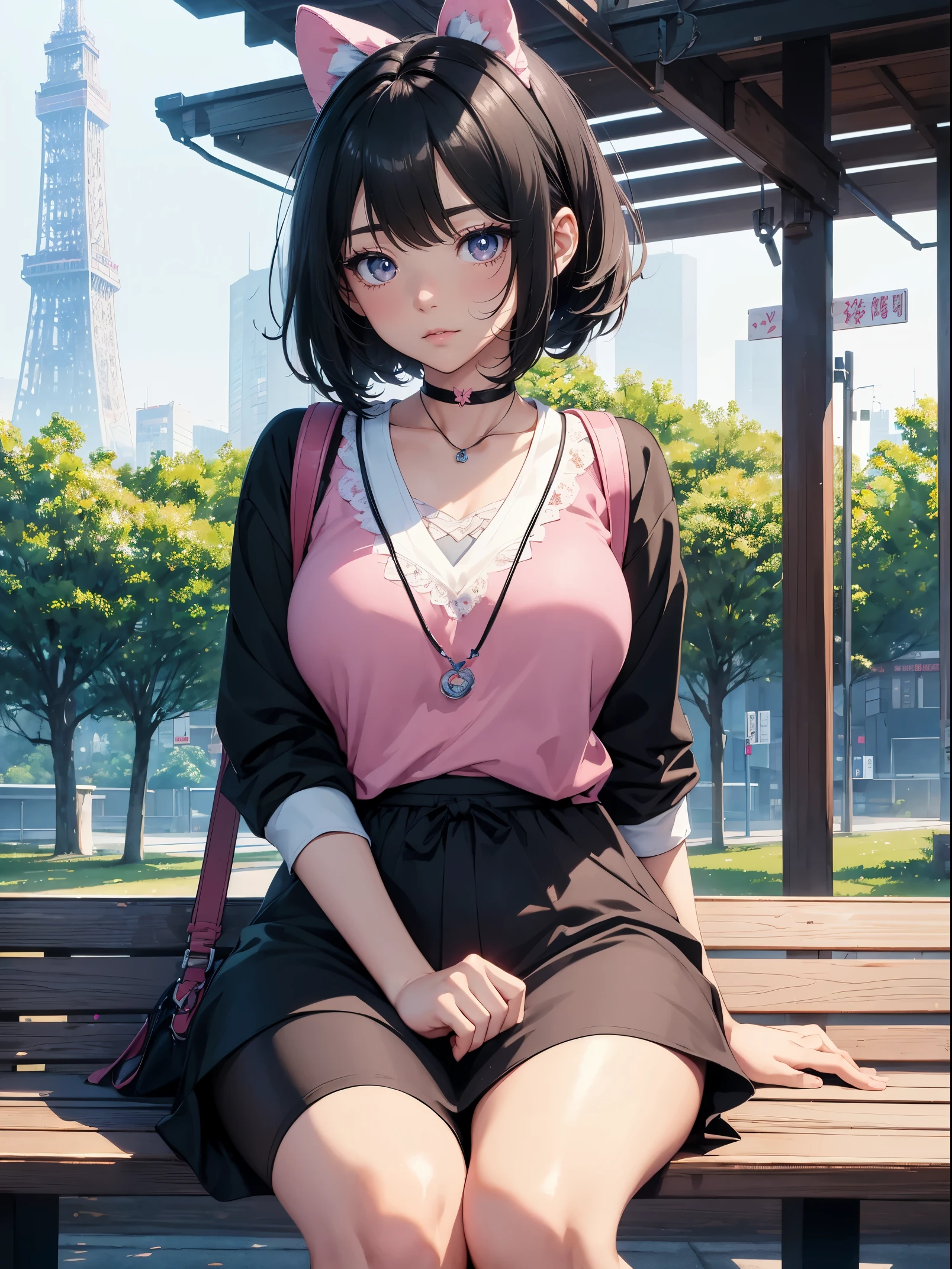 high quality, high resolution, Super detailed, High level of image quality, high quality, anime illustration, (Delicate and beautiful eyes: 1.2), Detailed eye depiction, (Detailed eyes and detailed face:1.3), (Extremely detailed CG, best shadow:1.1), Depth of field and blur, (perfect details: 1.1) , digital illustration, Enamel art, center, watercolor painting, art station, concept art, character table, Lightning Wave, beautiful anime watercolor painting, bright colors, sharp focus, art by:Kim Hyung Tae, fine details, intricate details, high legs, huge山雀, huge、Curvy figure, Detailed eye depiction, bright colors, sharp focus, Realistic skin texture、whip body,short bob hairstyle, (Black hair color, (grey) eye shadow) Lip color, (white) Knitted top, (Black) leggings, (white) sports shoes, As for accessories (pink) bow ribbon, (pink) necklace, (Black) Backpack, In the background, He sitting on a park bench,Can see Tokyo Tower.