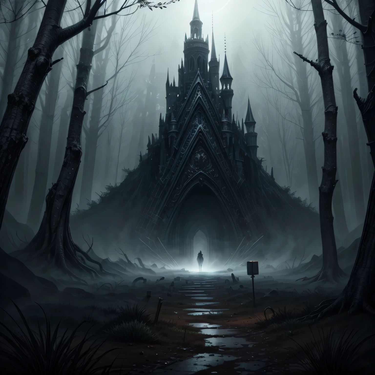very gloomy mysterious and dark forest with undead and skeletons, very unclean, incredibly high quality, Lots of elements, aesthetics of darkness, 8k or even 16k quality, stunning landscape by a lake in a dark forest, view from afar, picture