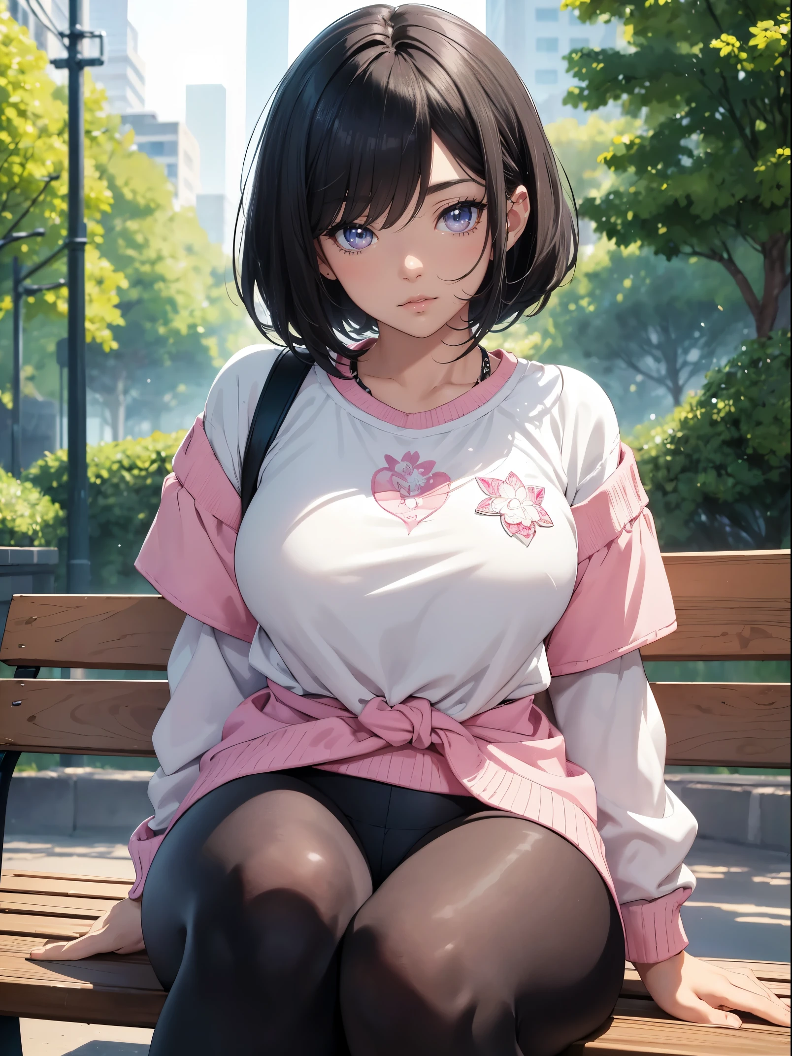high quality, high resolution, Super detailed, High level of image quality, high quality, anime illustration, (Delicate and beautiful eyes: 1.2), Detailed eye depiction, (Detailed eyes and detailed face:1.3), (Extremely detailed CG, best shadow:1.1), Depth of field and blur, (perfect details: 1.1) , digital illustration, Enamel art, center, watercolor painting, art station, concept art, character table, Lightning Wave, beautiful anime watercolor painting, bright colors, sharp focus, art by:Kim Hyung Tae, fine details, intricate details, high legs,  huge山雀, huge、 figure, Detailed eye depiction, bright colors, sharp focus, Realistic skin texture、whip body,short bob hairstyle, (Black hair color, (grey) eye shadow) Lip color, (white) Knitted top, (Black) leggings, (white) sports shoes, As for accessories (pink) bow ribbon, (pink) necklace, (Black) Backpack, In the background, He  sitting on a park bench，Can see Tokyo Tower.