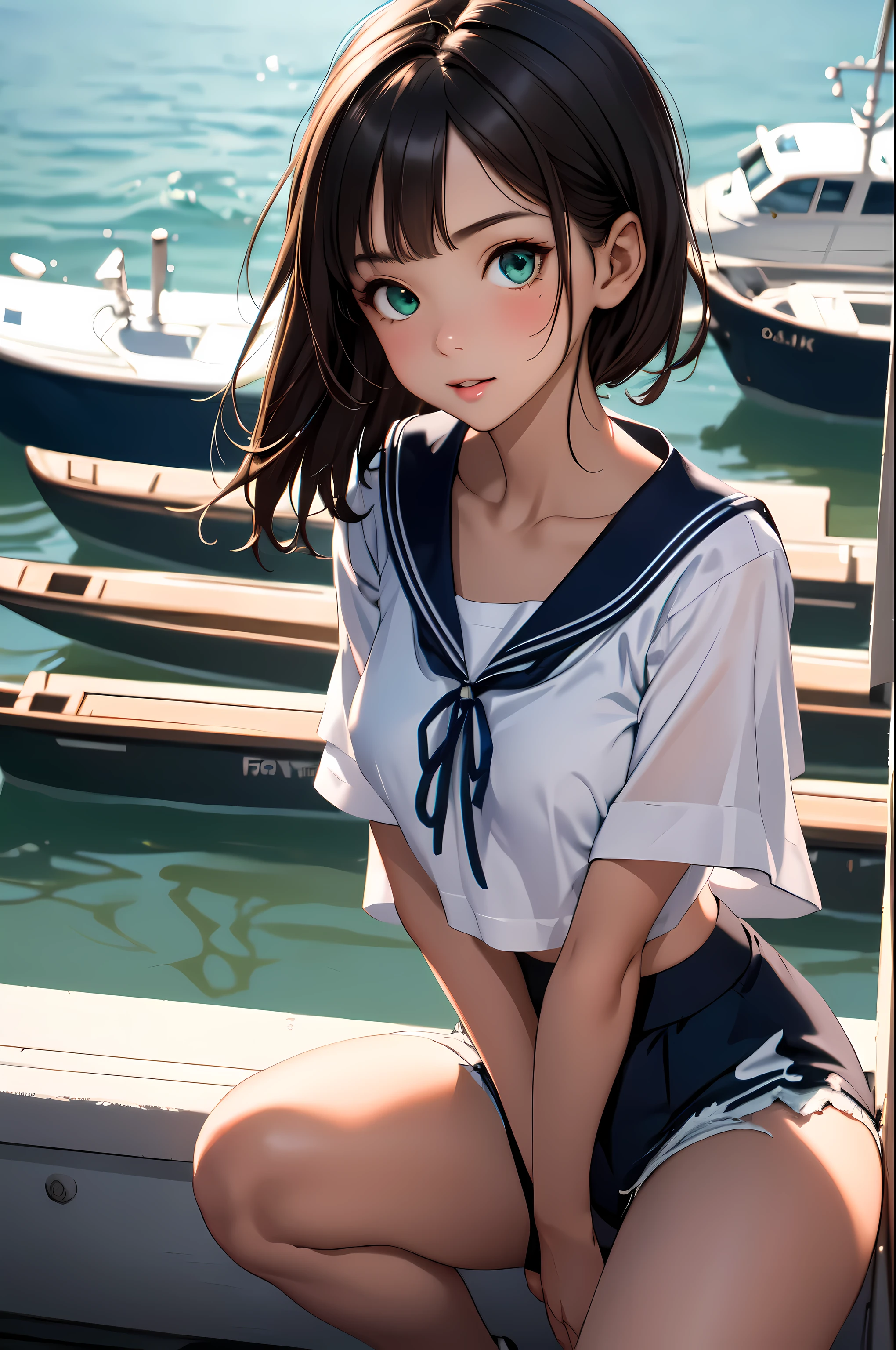 1 girl, short dark brown detailed hair, Detailed Face, Super well-formed face, blue-green eyes, tiny breasts, coherent hands, high res, ultrasharp, 8K, masterpiece, looking at viewer, Explore a nautical theme with a navy-striped sailor top, high-waisted shorts, and boat shoes, portrait style, lens 50mm, aperture f/4, natural light in the afternoon