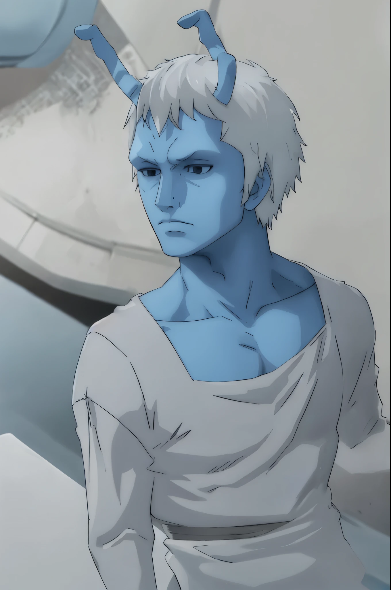wanostyle fullbody fullframe solo 1  male andorian blue skin white hair antennae white eyebrows