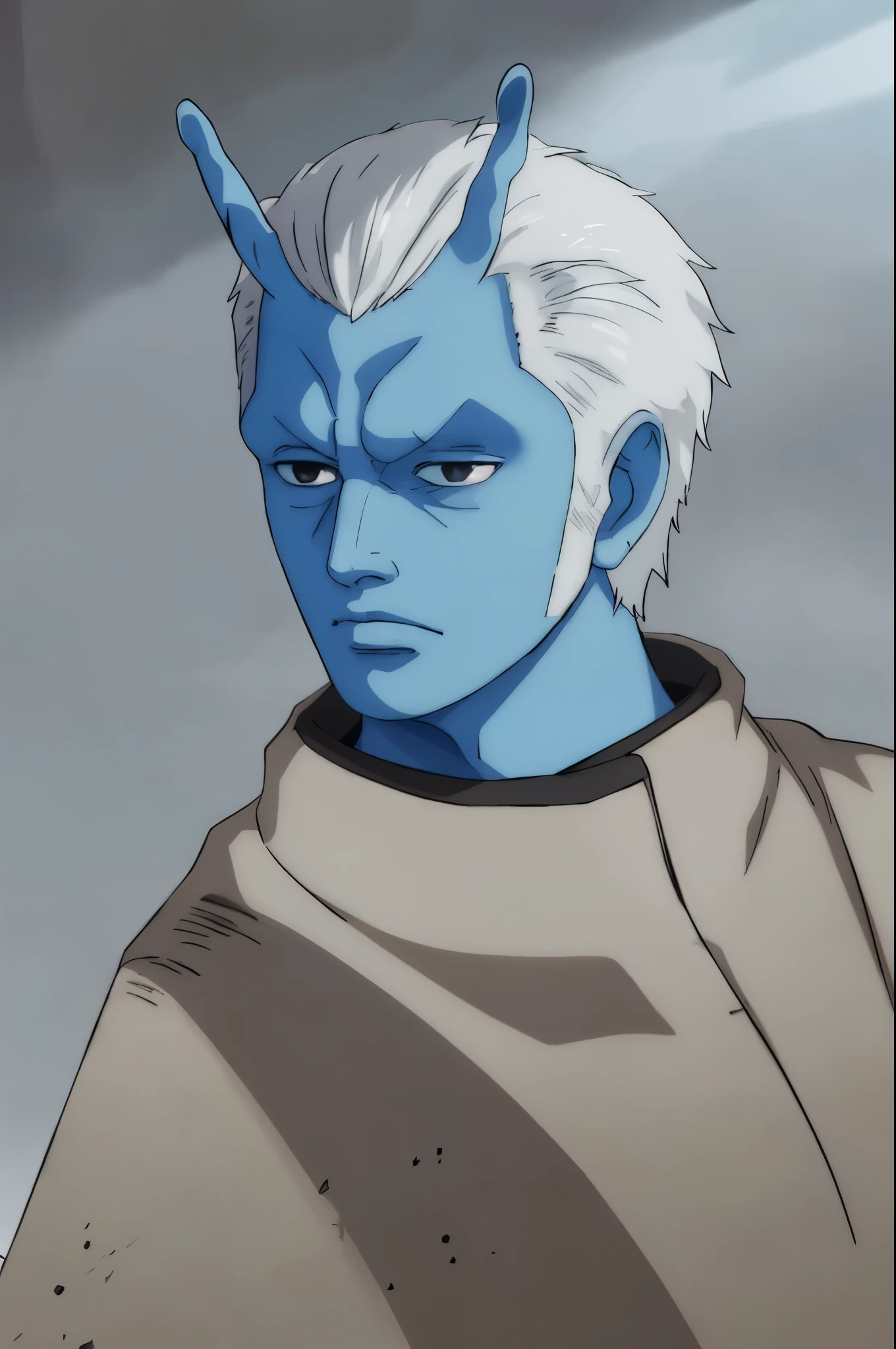 wanostyle fullbody fullframe solo 1  male andorian blue skin white hair antennae white eyebrows