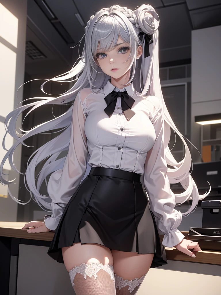 ridiculous, 8k ,high resolution, Super detailed, beautiful, masterpiece, best quality, (beautiful detailed silver eyes), (1 girl) ,A  beautiful young woman working as an office OL (female office worker),White collared button-down shirt,Black slit skirt,(black company),long legs ,Leg details,High heel,side ponytail , Bangs,whole body,,split,