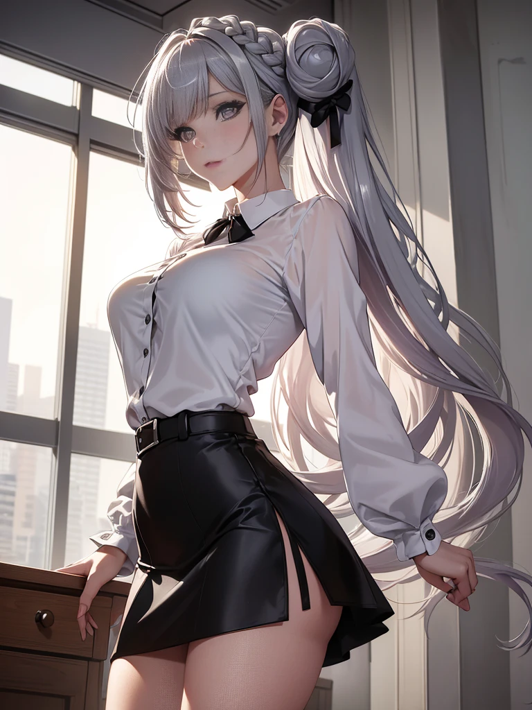 ridiculous, 8k ,high resolution, Super detailed, beautiful, masterpiece, best quality, (beautiful detailed silver eyes), (1 girl) ,A sexy beautiful young woman working as an office OL (female office worker),White collared button-down shirt,Black slit skirt,(black company),long legs ,Leg details,High heel,side ponytail , Bangs,whole body,,split,