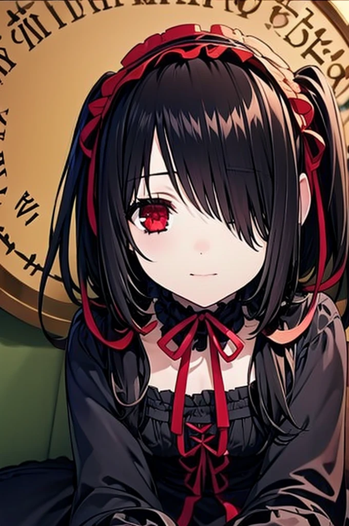 ((masterpiece, best quality, ultra detailed)), depth of field, (beautiful detailed eyes, pretty face, detailed face), 1girl( sitting on bedside, detailed eyes, different red left eye and golden right eye, long hair, twin-tails, black hair, red and black Lolita dress, long black boots, black stockings, black garter belt), clock mechanics background