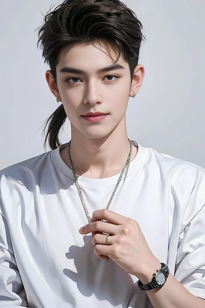 ((highest quality, 8K, masterpiece: 1.3))、cool korean men, 120-year-old male、korean style long hair、sturdy face、Handsome nose、detailed eyes and face、beautiful lighting、(studio)、High resolution、 (visible to the audience)、Mouth details、thin mouth、,smile、whole body: 1.5, perfect body shape: 1.photo of both shoulders:1.3, He is wearing a white T-shirt and a casual black coat.。:1.5, accessories earrings, necklace, mens rings, Men's Watches)