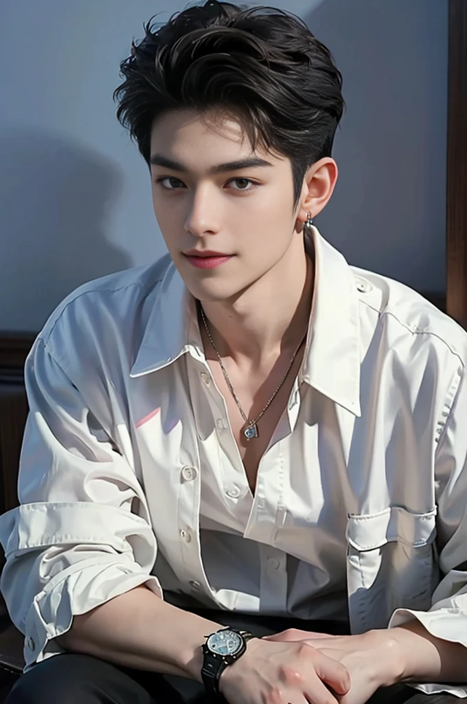 ((highest quality, 8K, masterpiece: 1.3))、cool korean men, １20-year-old male、korean style long hair、sturdy face、Handsome nose、detailed eyes and face、beautiful lighting、(studio)、High resolution、 （visible to the audience）、Mouth details、thin mouth、,smile、whole body: 1.5, perfect body shape: 1.photo of both shoulders:1.3, He is wearing a white T-shirt and a casual black coat.。:1.5, accessories earrings, necklace, mens rings, Men's Watches)