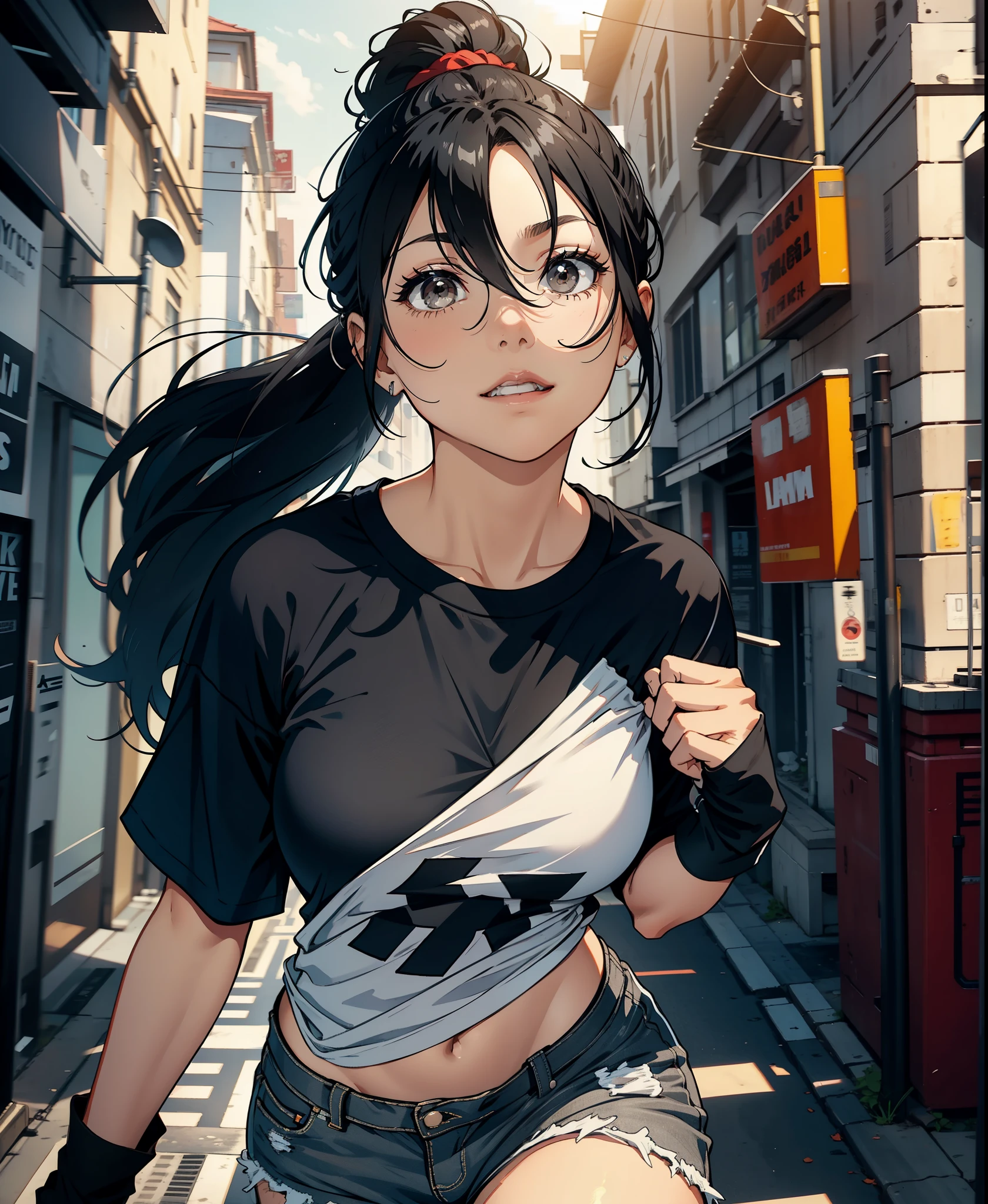 woman, black hair, ponytail, Broken shoulder oversized gray T-shirt, black shorts, white sneakers, walk, Free-spirited