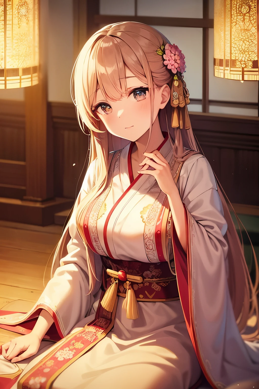 beautiful detailed eyes, traditional costume, serene garden, cherry blossom, flowing robes, graceful pose, bamboo forest, delicate embroidery, tea ceremony, ancient architecture, soft lighting, vibrant colors, dreamlike atmosphere, intricate details. close up