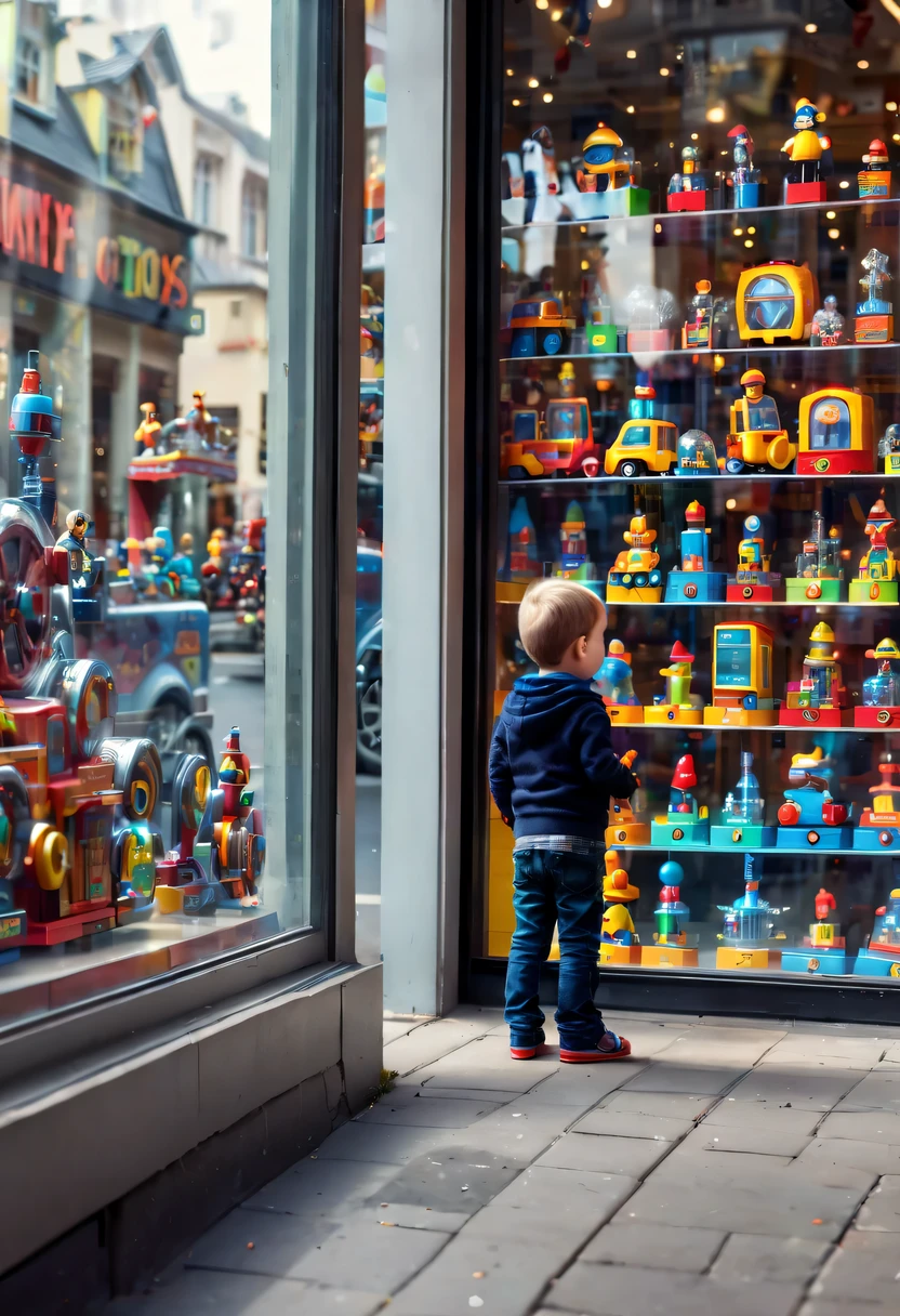 standing on the street,little boyon the roadside,Little boy standing y store window looking at toy store window,Crystal machine toys on display shelf in toy store,(Machine toys in the window:1.3)